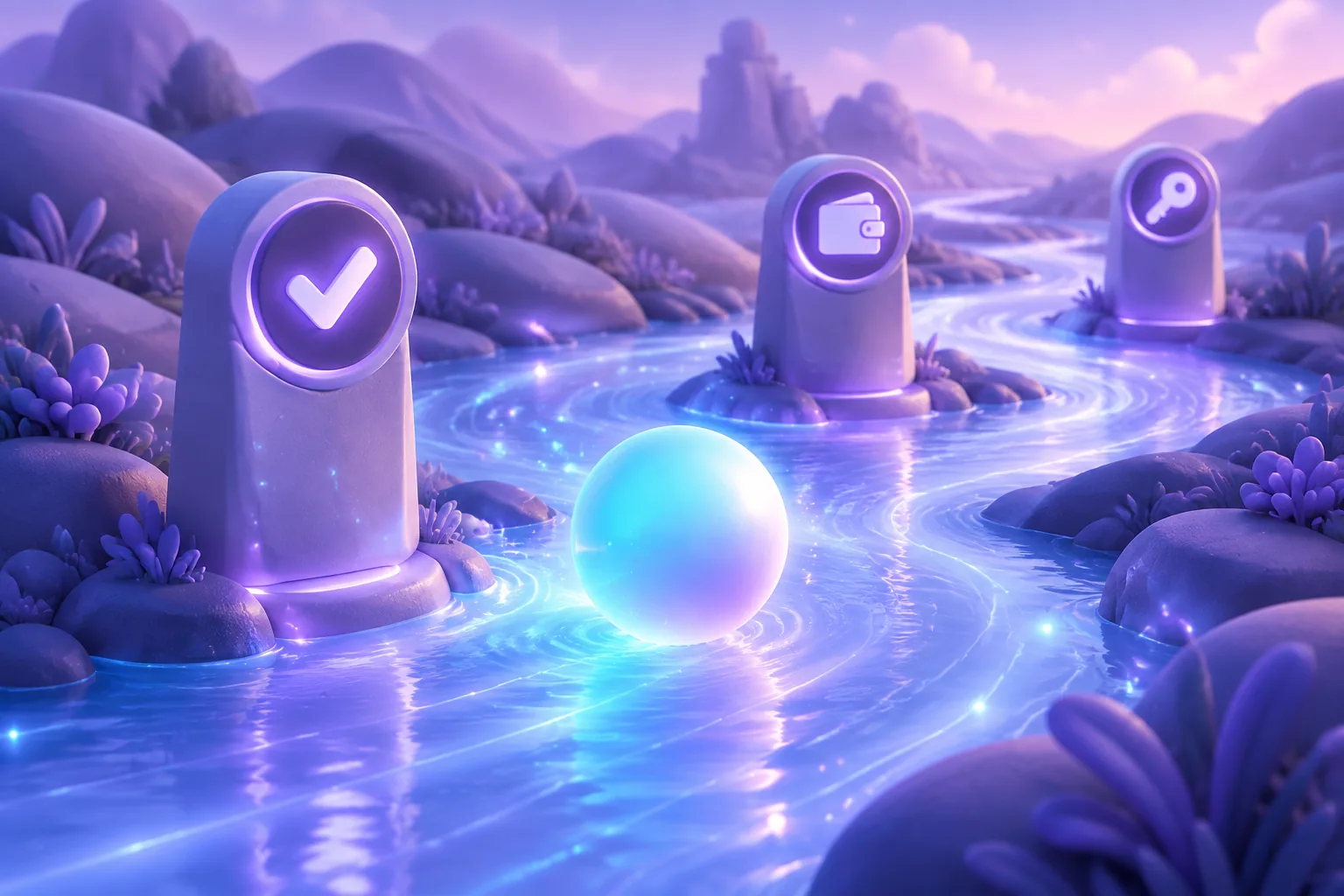 Illustration of a stepping-stone river path of block tiles carrying a gem token mid-crossing