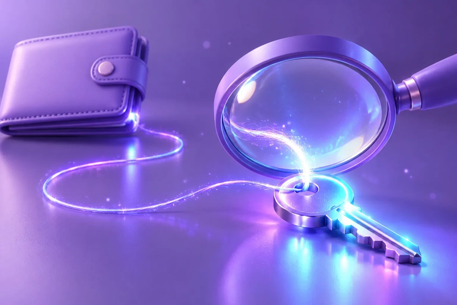 A magnifying glass revealing the thread connecting a key back to a wallet