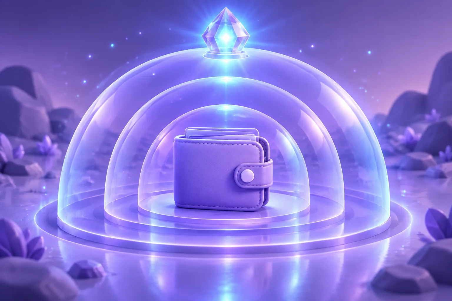 A wallet at the centre of three concentric protective rings shown in cross-section