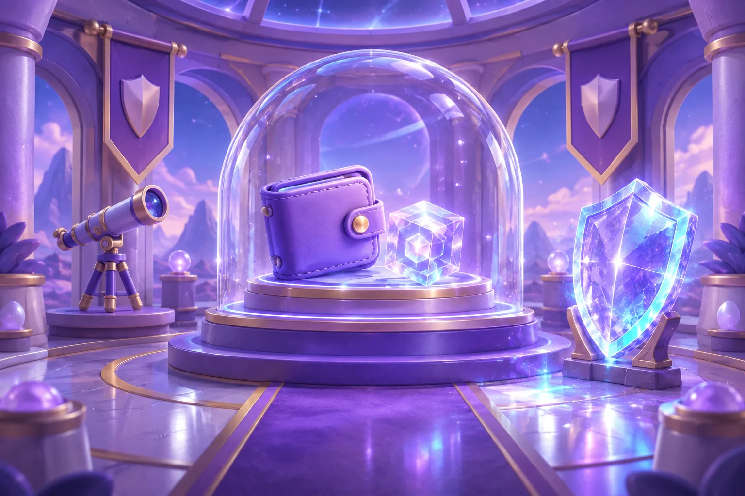 A translucent dome shielding a wallet and token cube on a museum pedestal