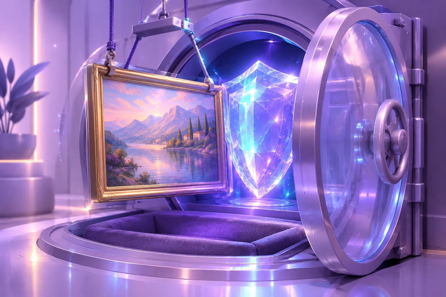 A framed artwork lowered by hoist ropes into a vault as the door slides shut