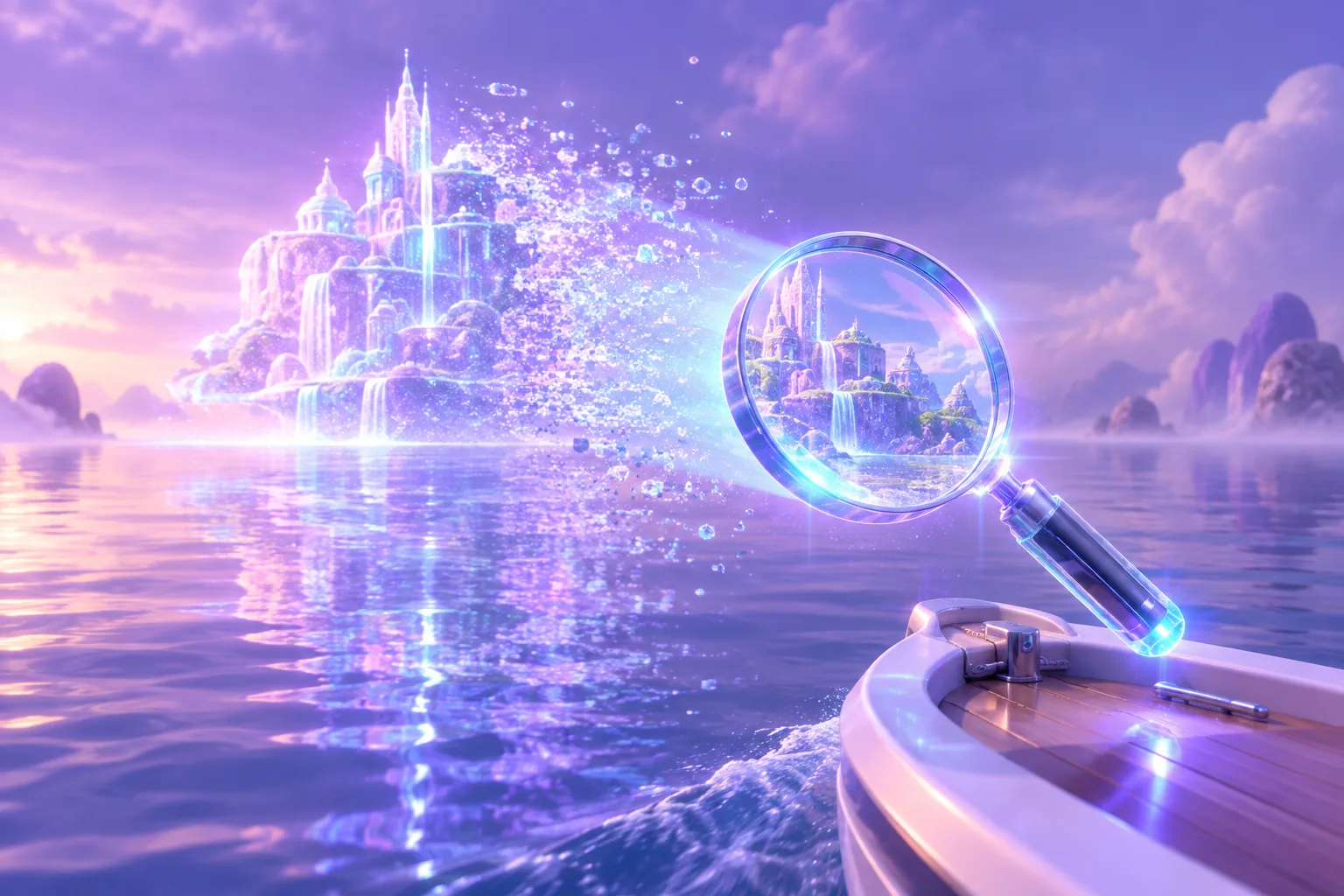 Illustration of NFT hype mirages shown as a shimmering false oasis above dunes with a real gem in front