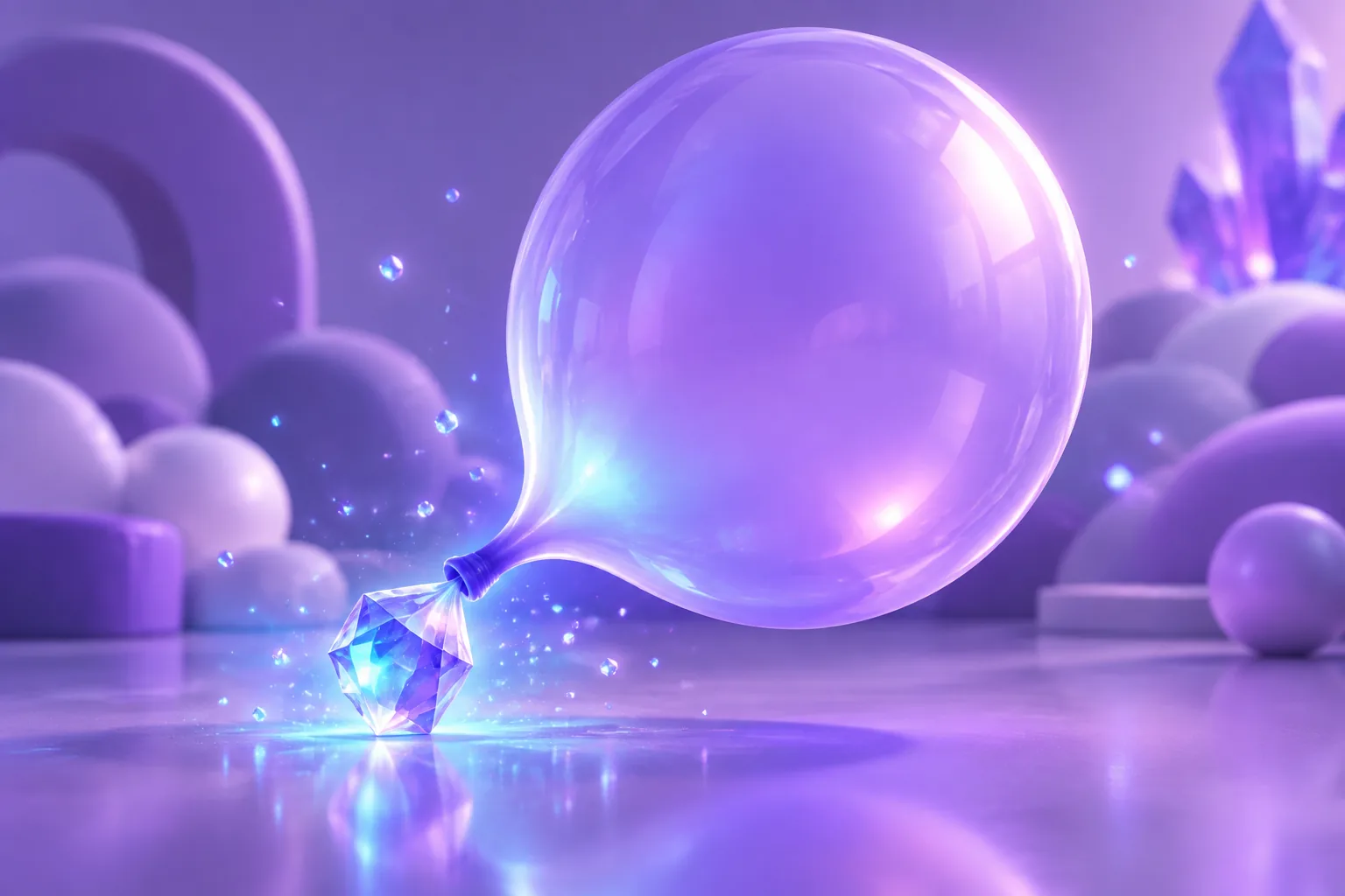 Illustration of an overvalued NFT shown as an inflated balloon gem tethered to a small pebble