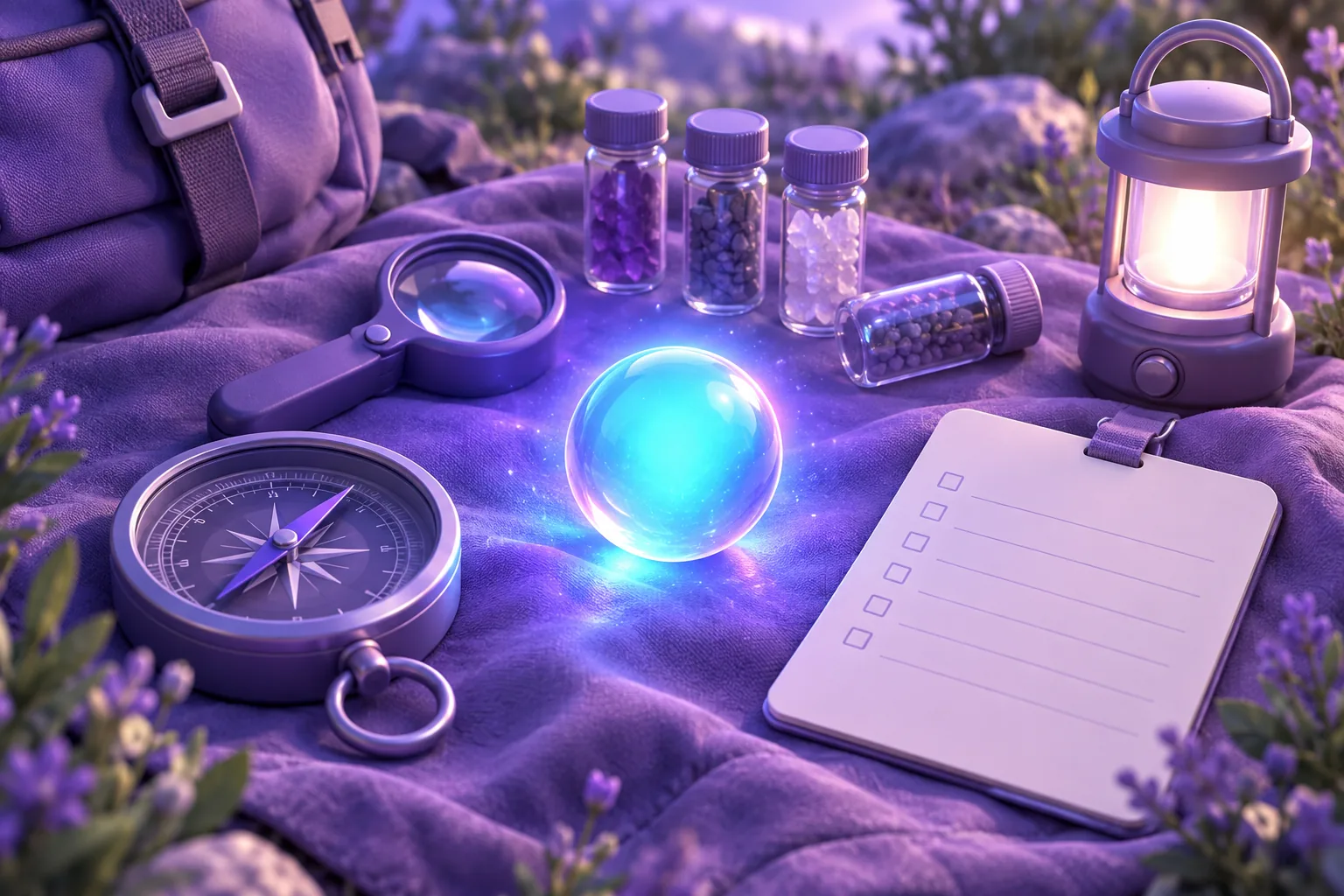 Flat-lay illustration of an NFT research kit with ledger, magnifier, tweezers, and pins