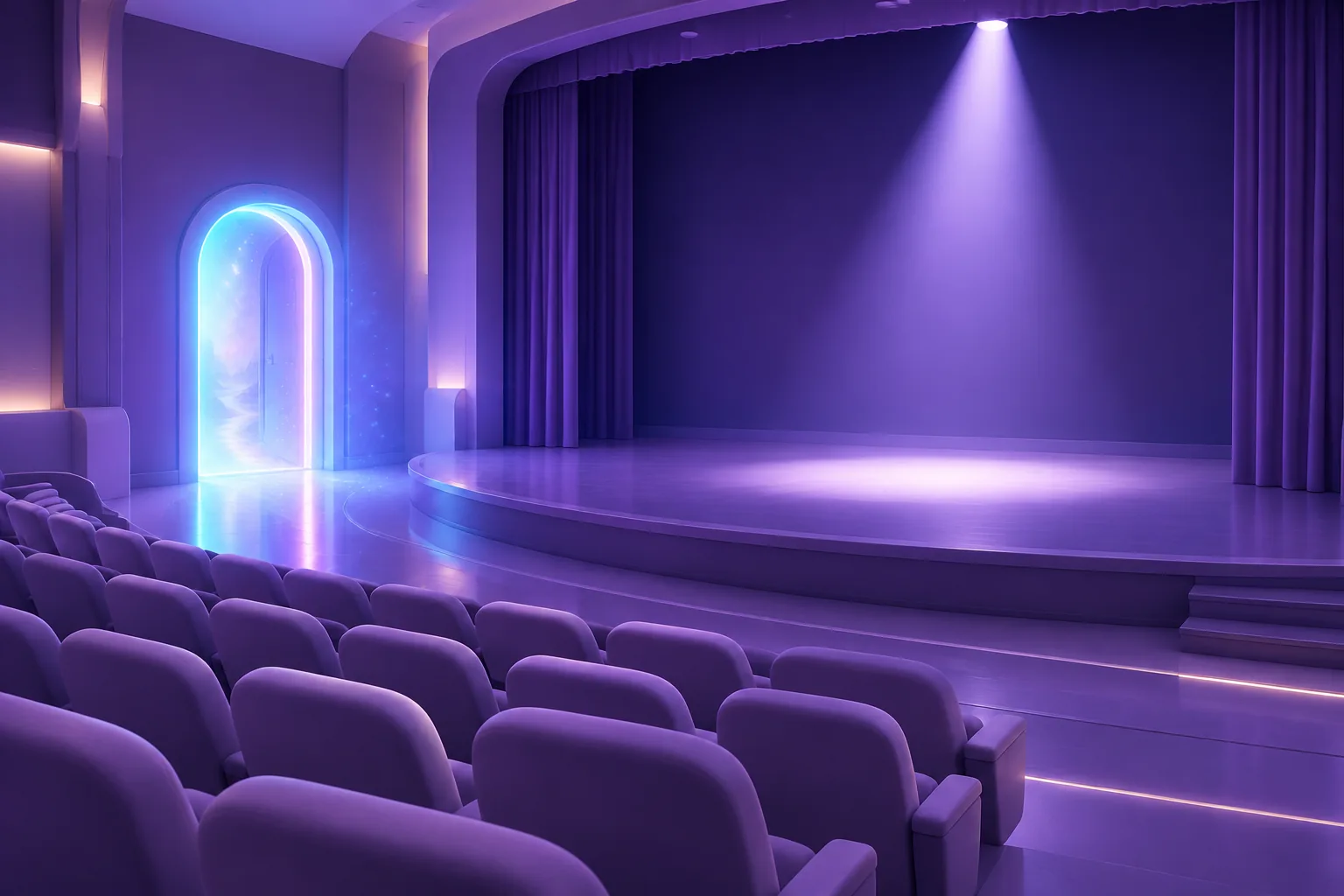 Illustration of exit timing shown as empty seats before a stage with one gem in spotlight