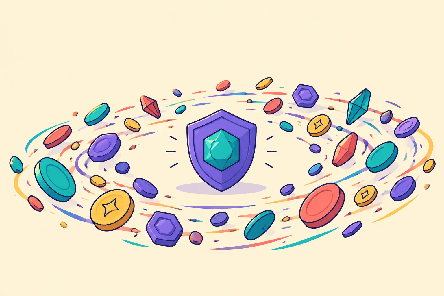 Illustration of a swirling ring of mixed tokens around a shield tile sheltering a gem