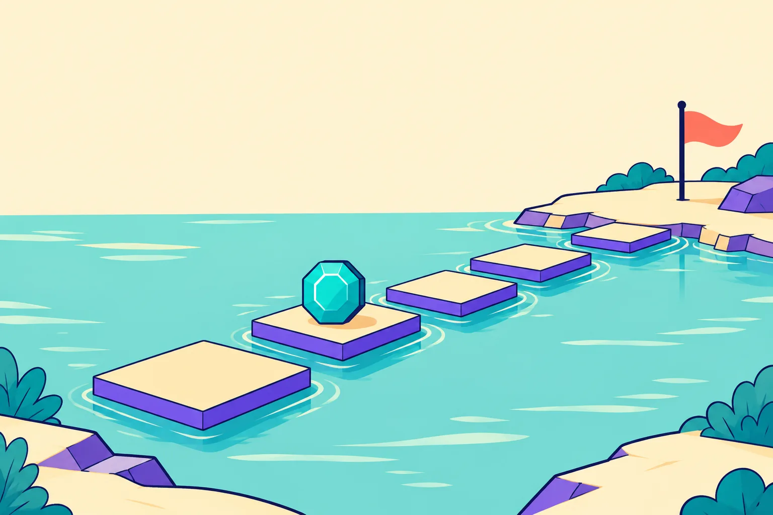 Illustration of floating pontoon platforms crossing water toward a flagged shore