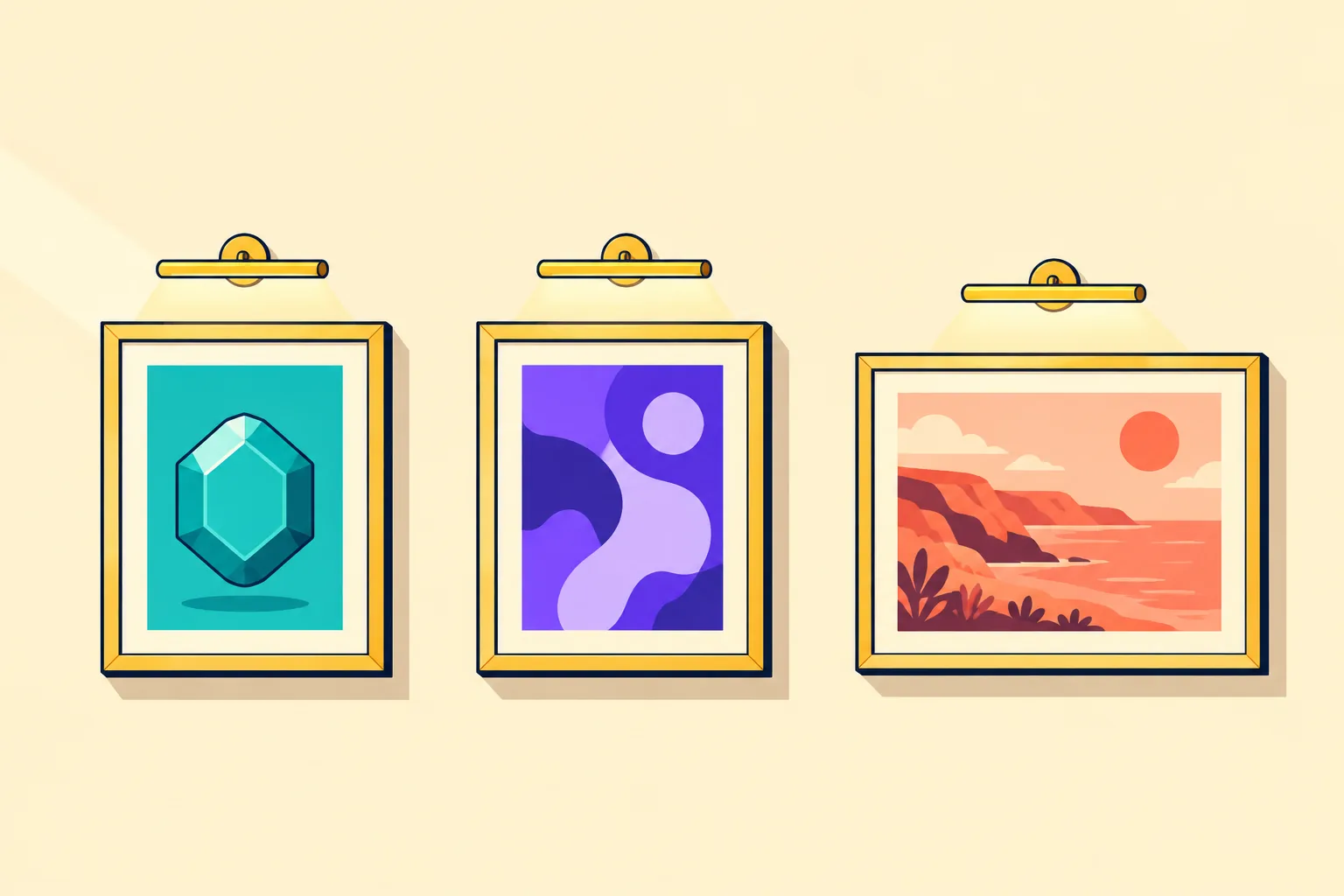 Illustration of a gallery wall of three frames holding a gem portrait, abstract and landscape