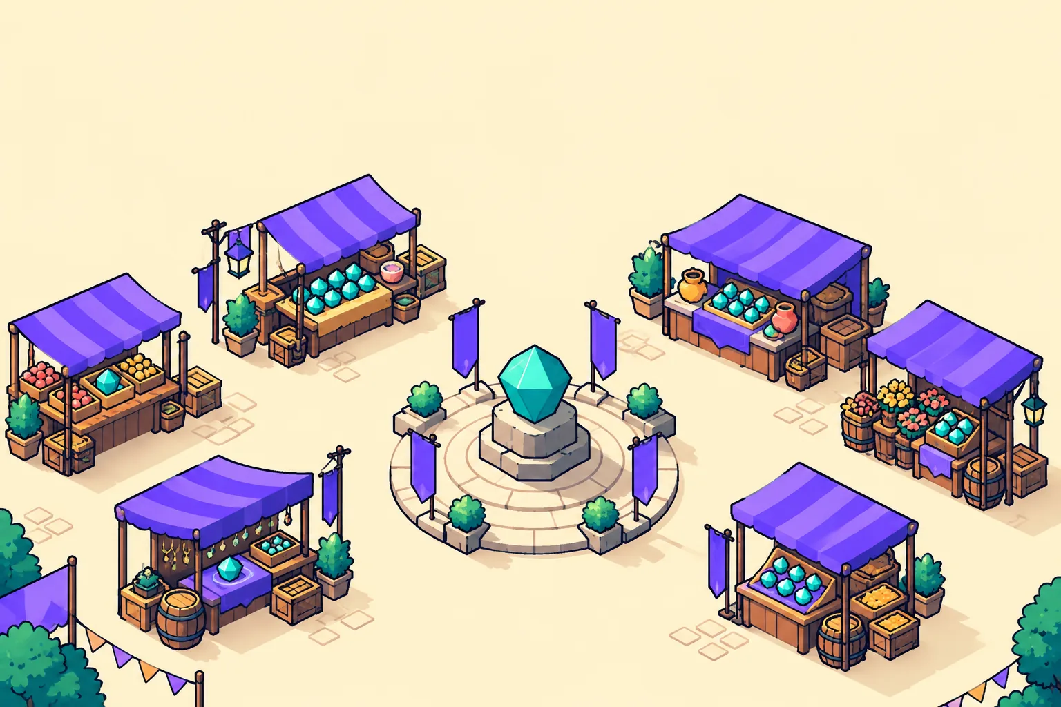Illustration of a market square of generic stalls arranged around a central plaza