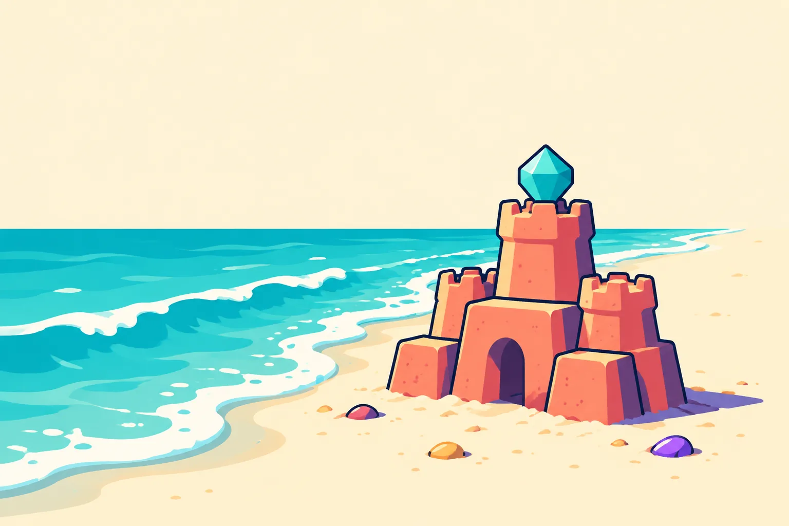 Illustration of a small sandcastle of blocks at the waterline with a wave approaching