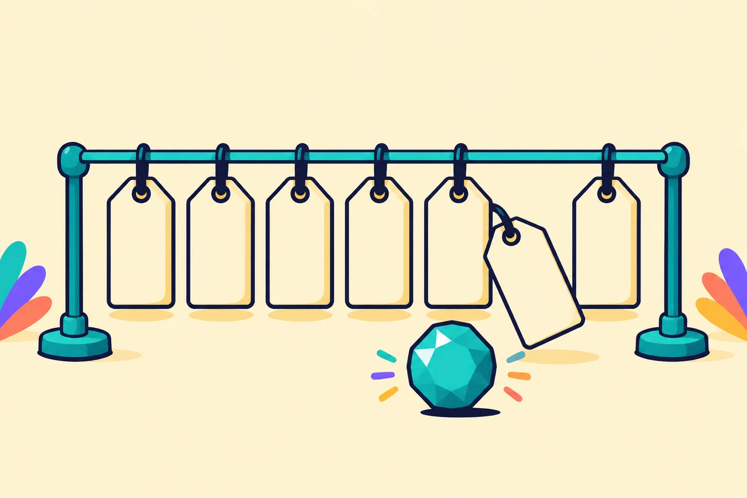 Illustration of blank price tags hanging in a row with a gem token below them