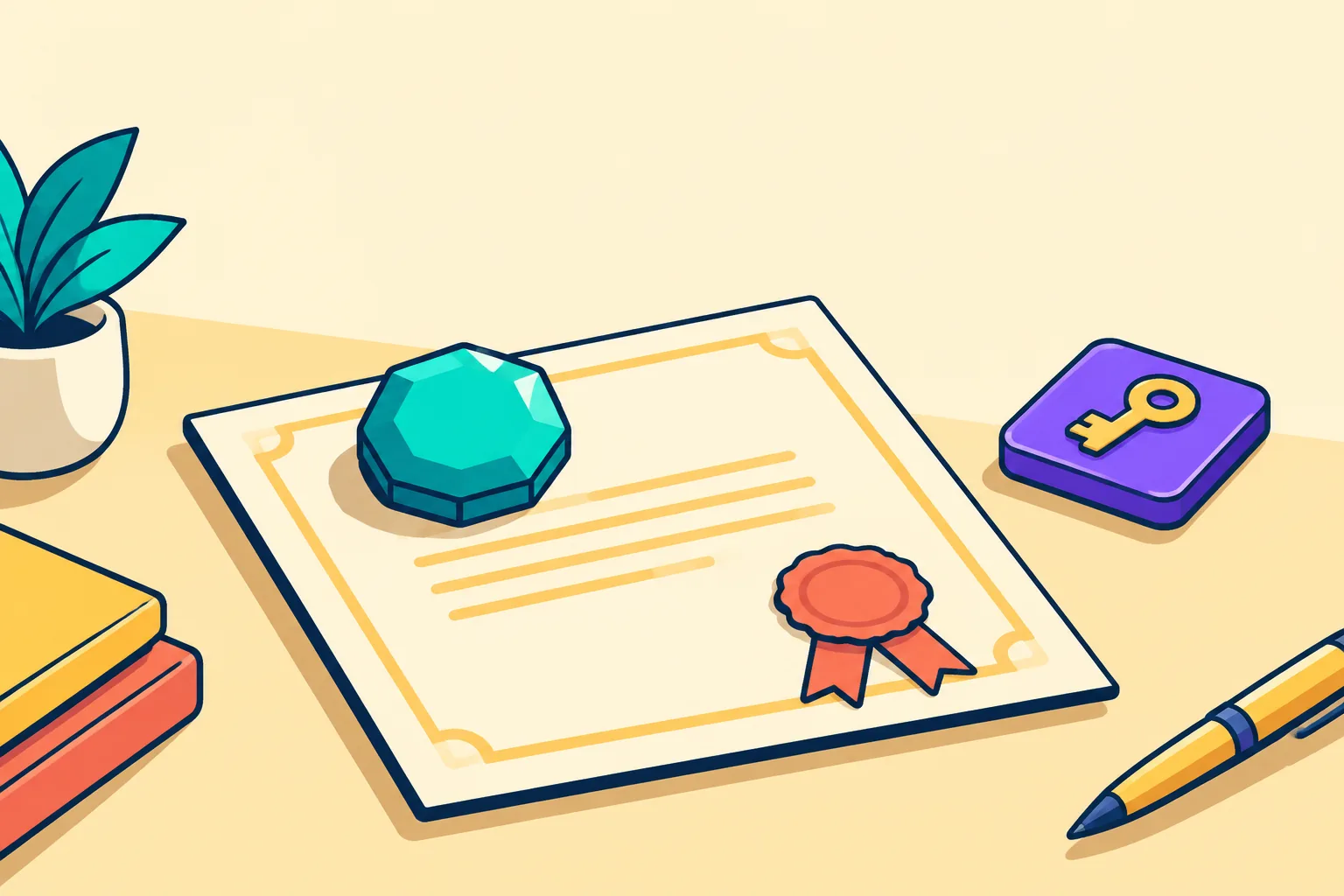 Illustration of a deed certificate with ribbon seal beside a gem token and key tile