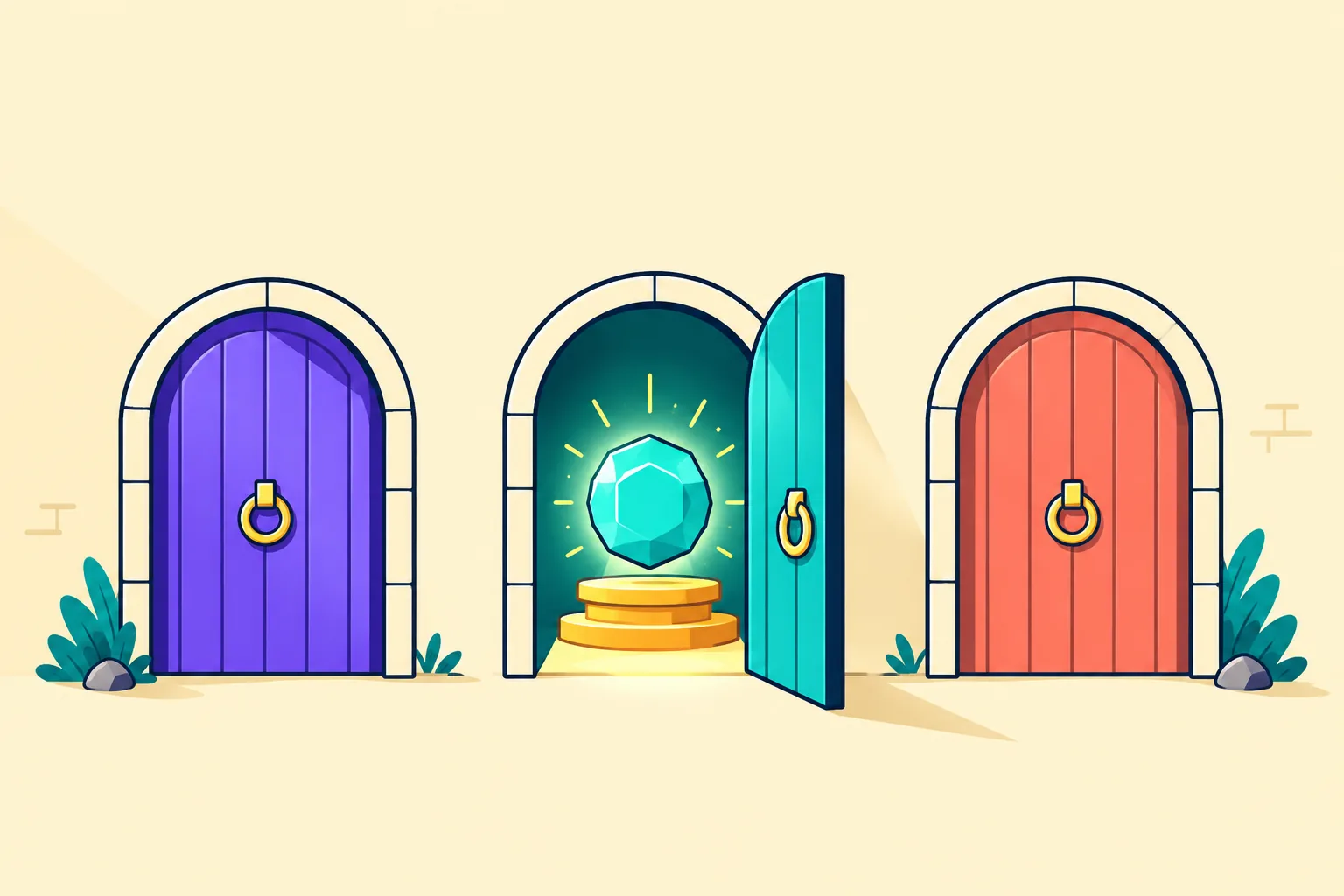Illustration of three arched doors, the centre one open to reveal a glowing gem token