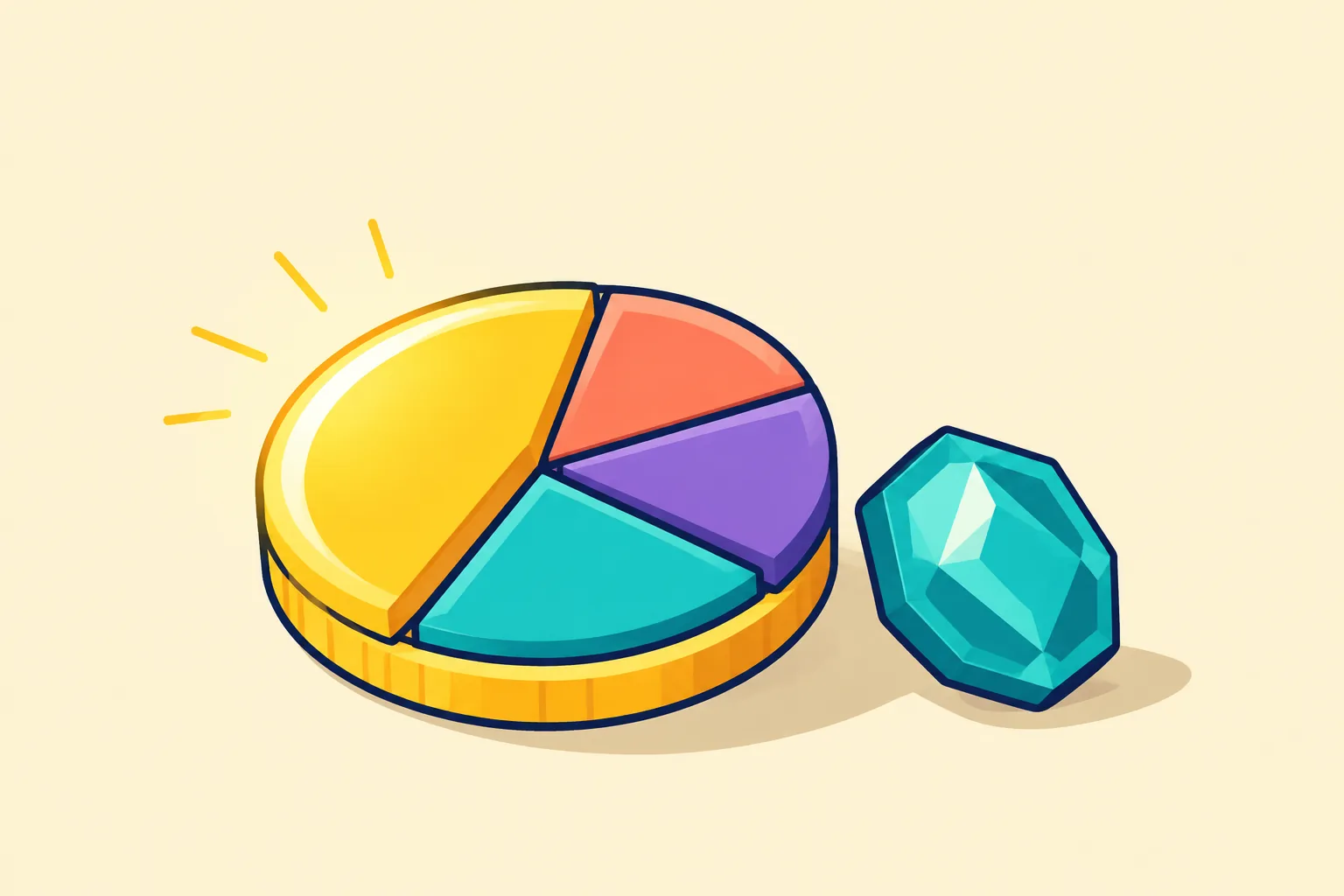 Illustration of a coin split into wedge portions like a pie, the largest wedge glowing