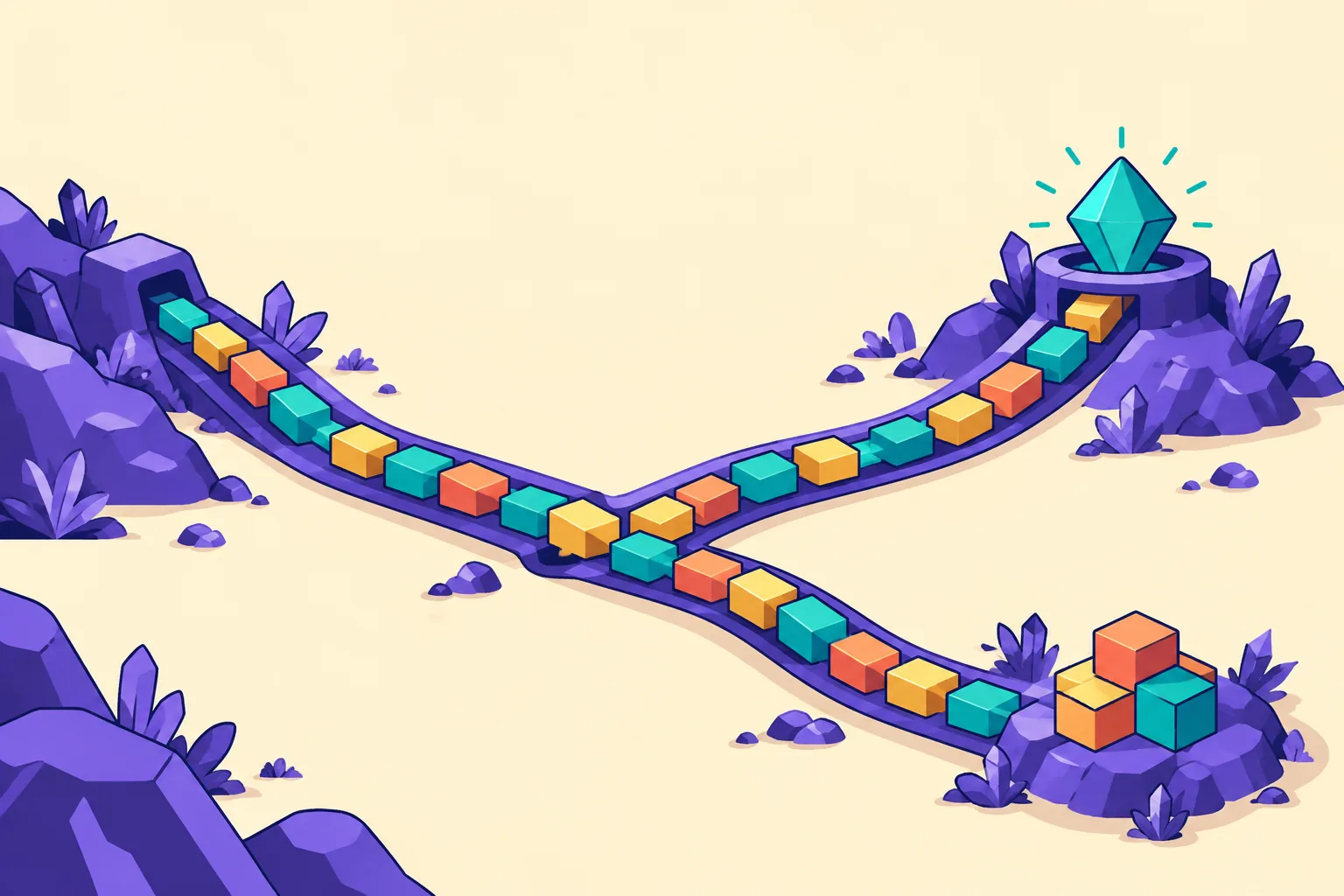 Illustration of a stream of block tiles splitting, one branch returning to its source gem