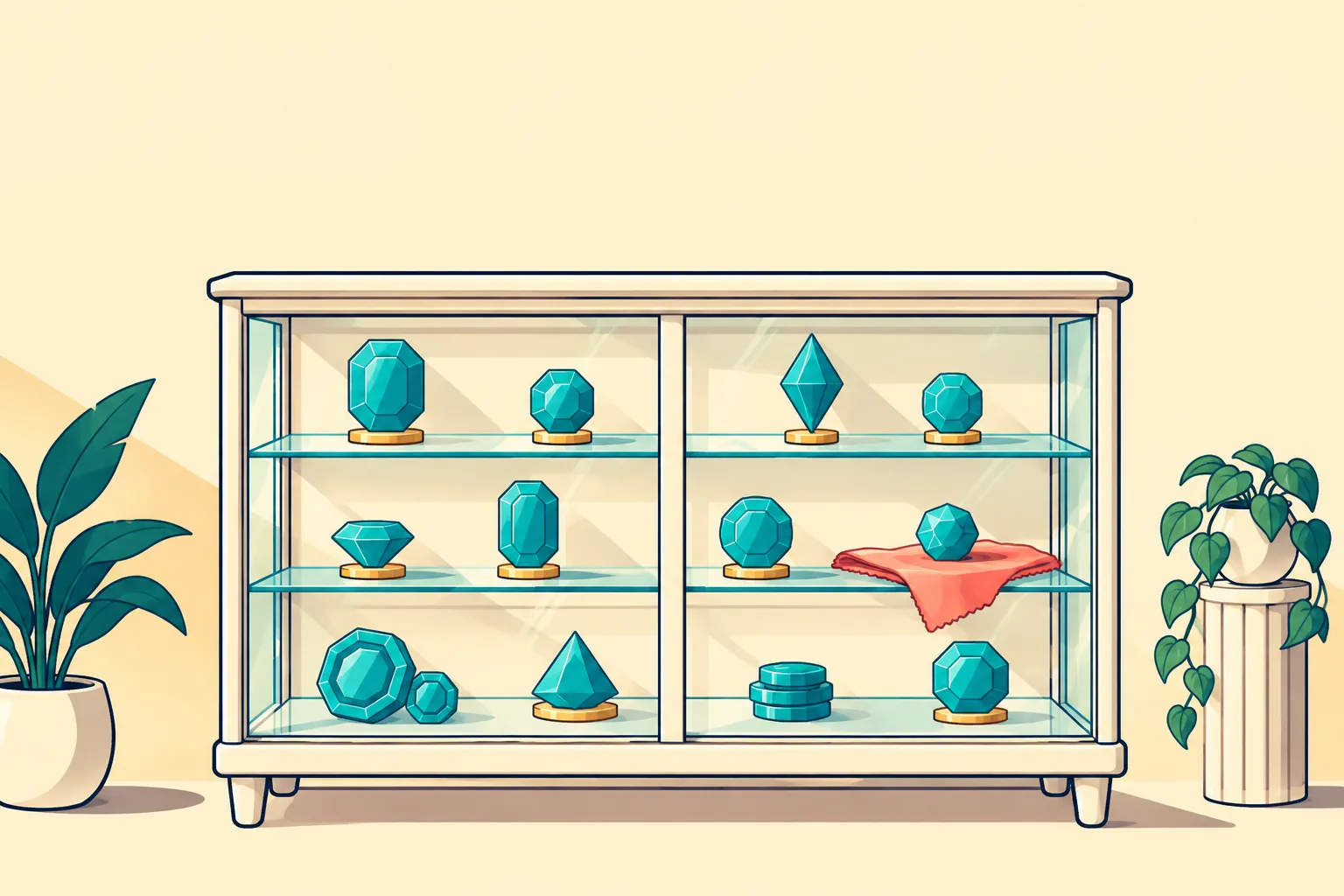 Illustration of a collector's cabinet of glowing drawers holding abstract tokens