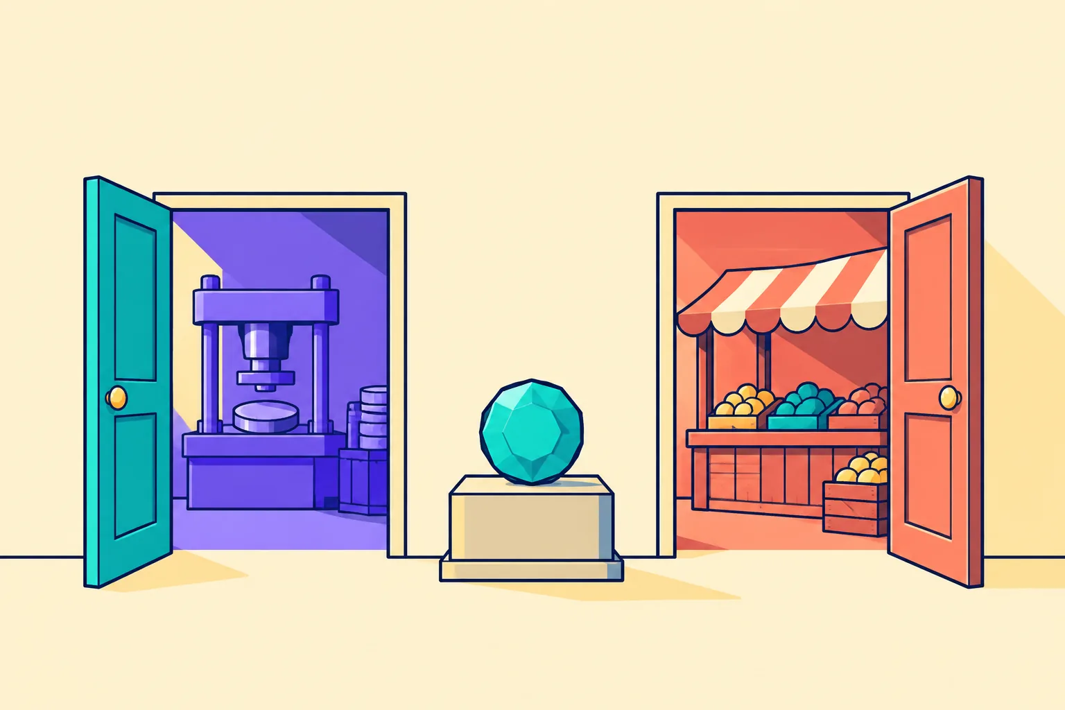 Illustration of two doorways — a mint-press room and a market stall — with a gem between them