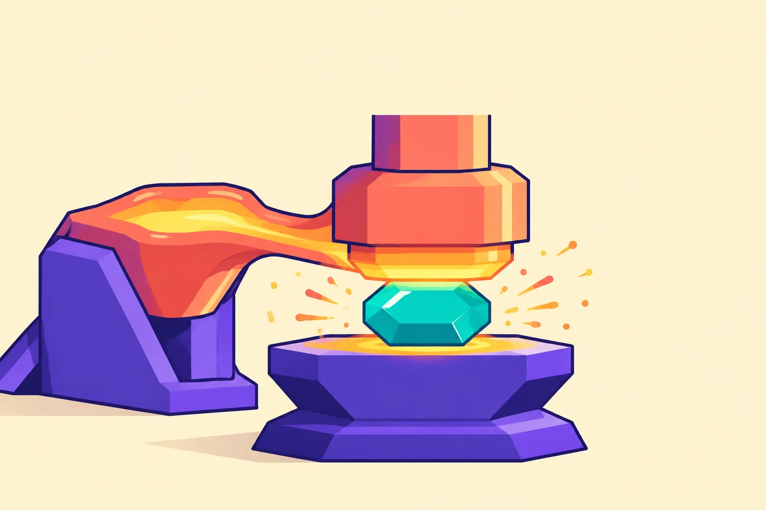Illustration of a glowing molten forge pressing a fresh gem token, sparks as dots