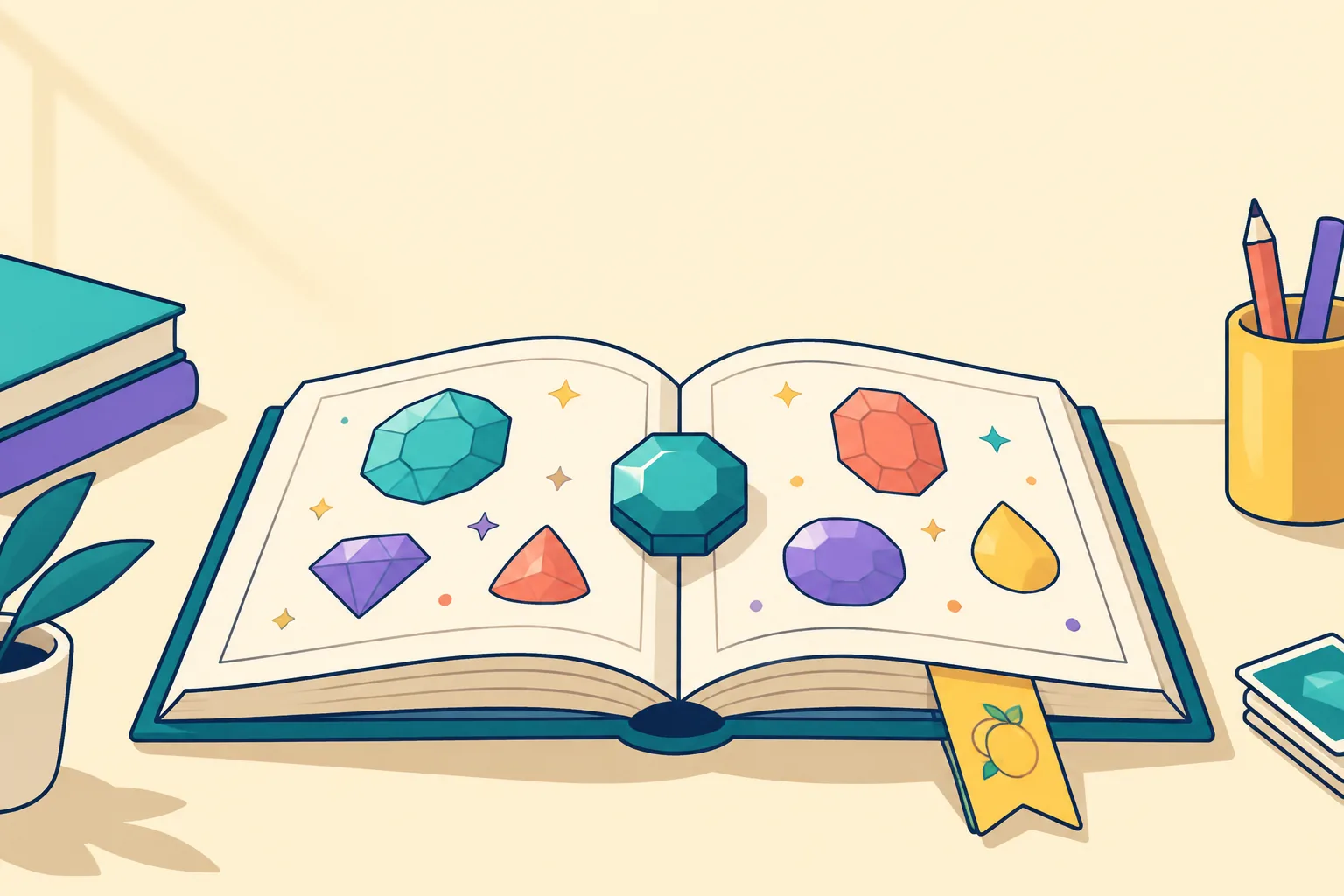 Illustration of an open picture book showing abstract gem shapes, with a bookmark and token
