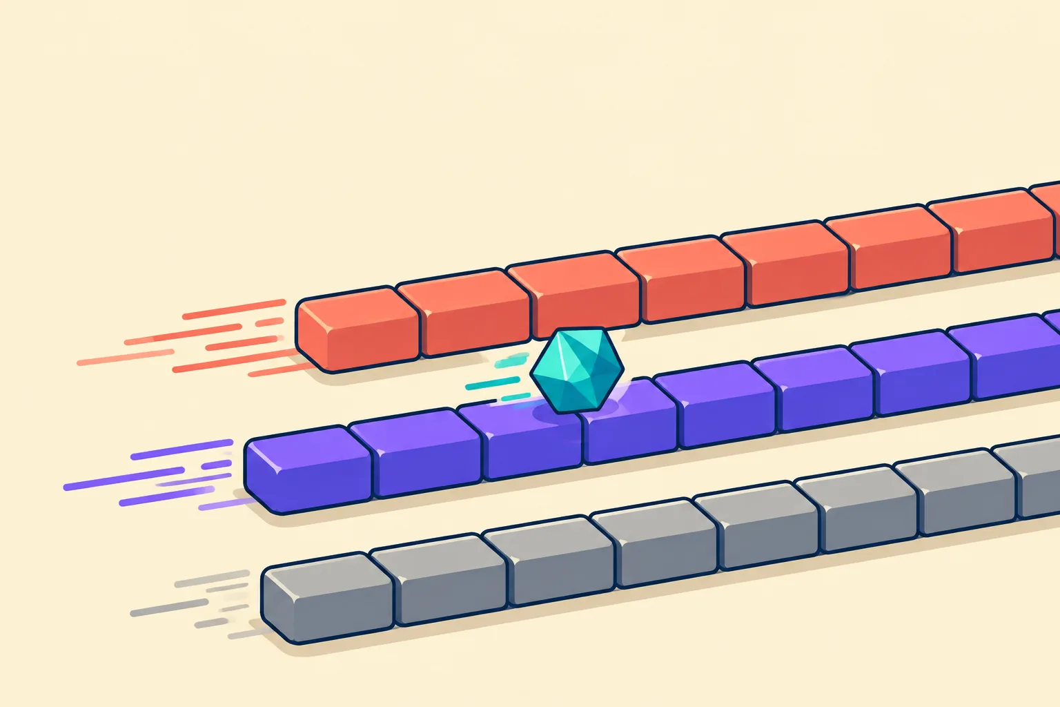 Illustration of three parallel block-tile lanes moving at different speeds, a gem choosing the middle