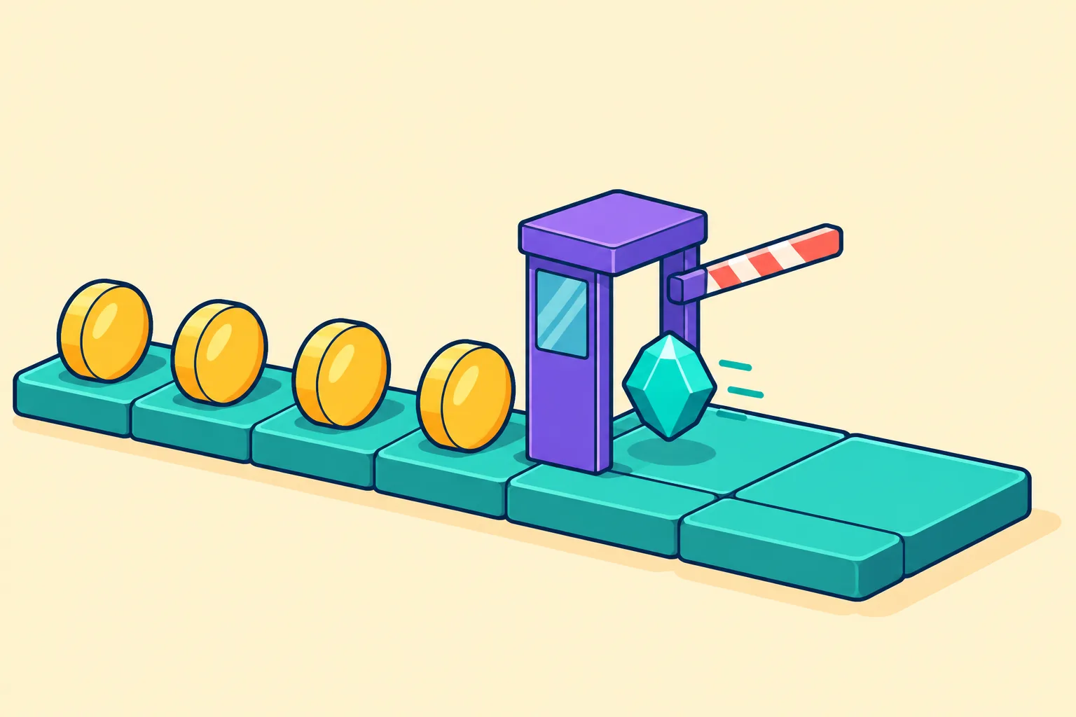 Illustration of a toll lane where coin discs queue at a small gate the gem passes through