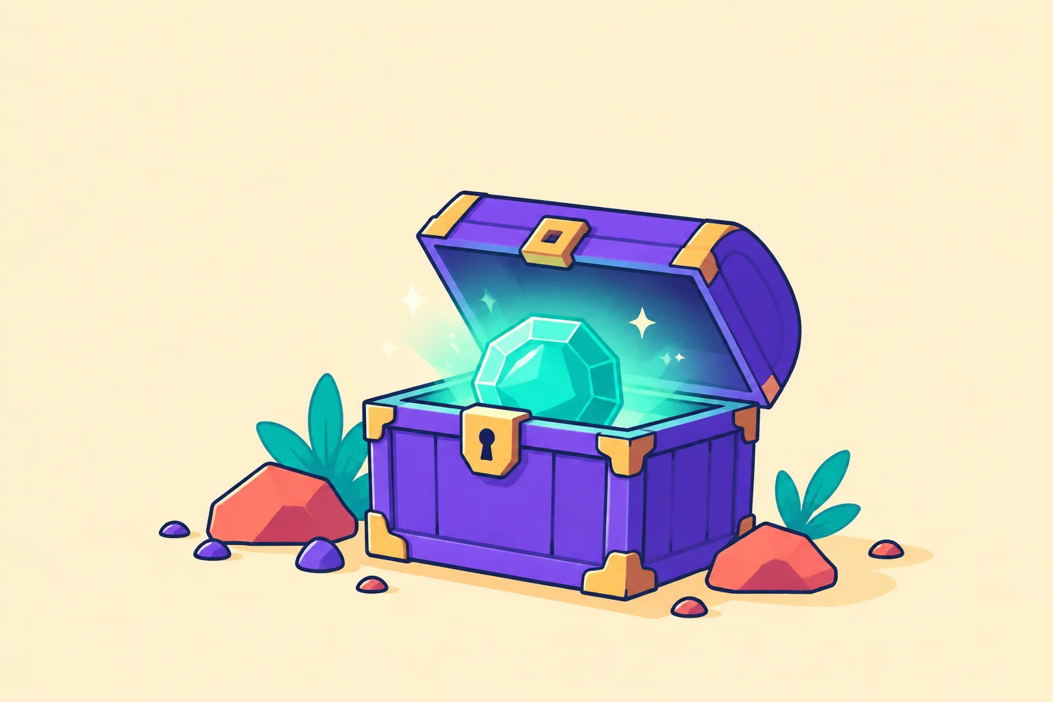 Illustration of a treasure chest slightly open, revealing a glowing gem token inside