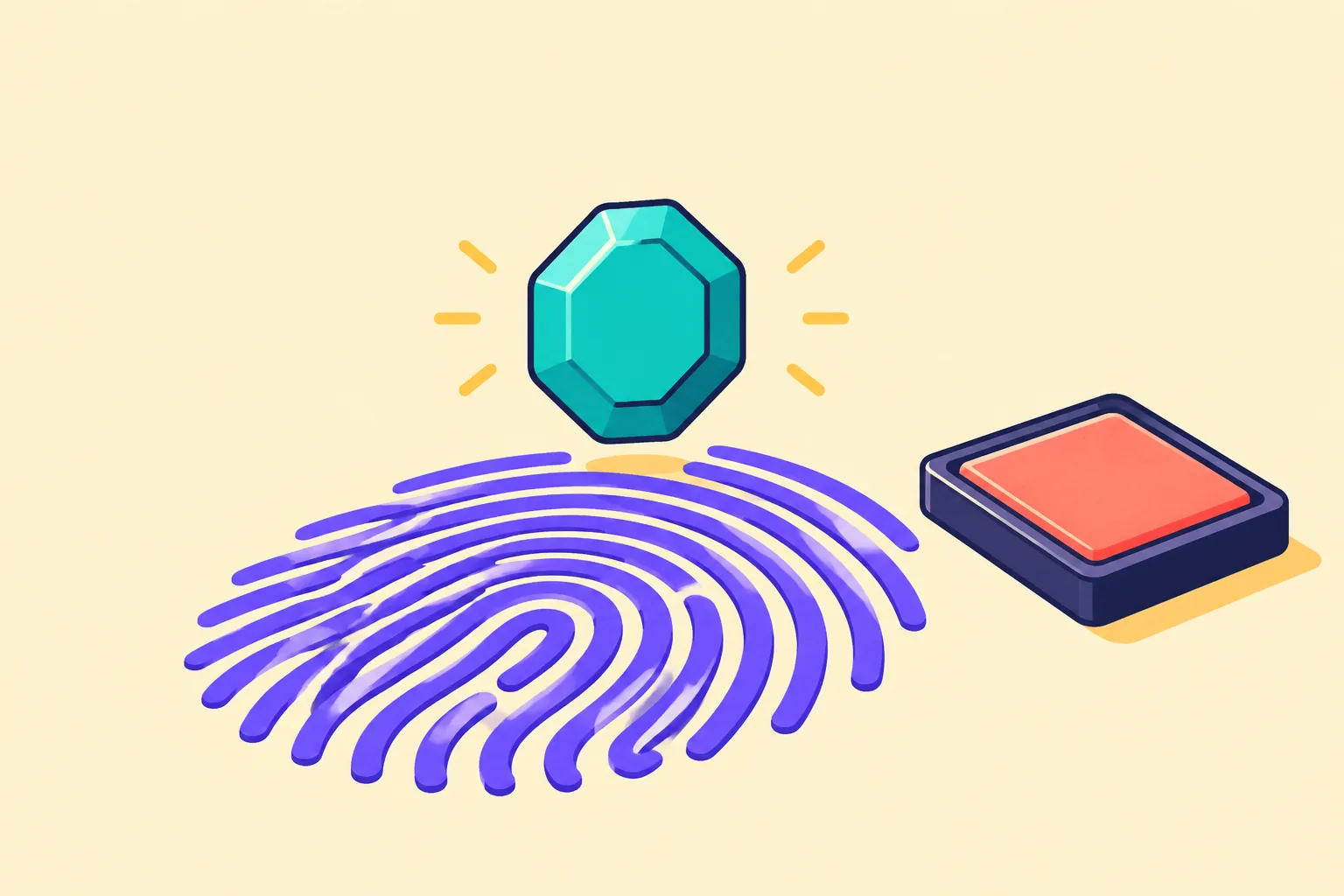 Illustration of a gem token above a giant abstract fingerprint ridge pattern and ink pad