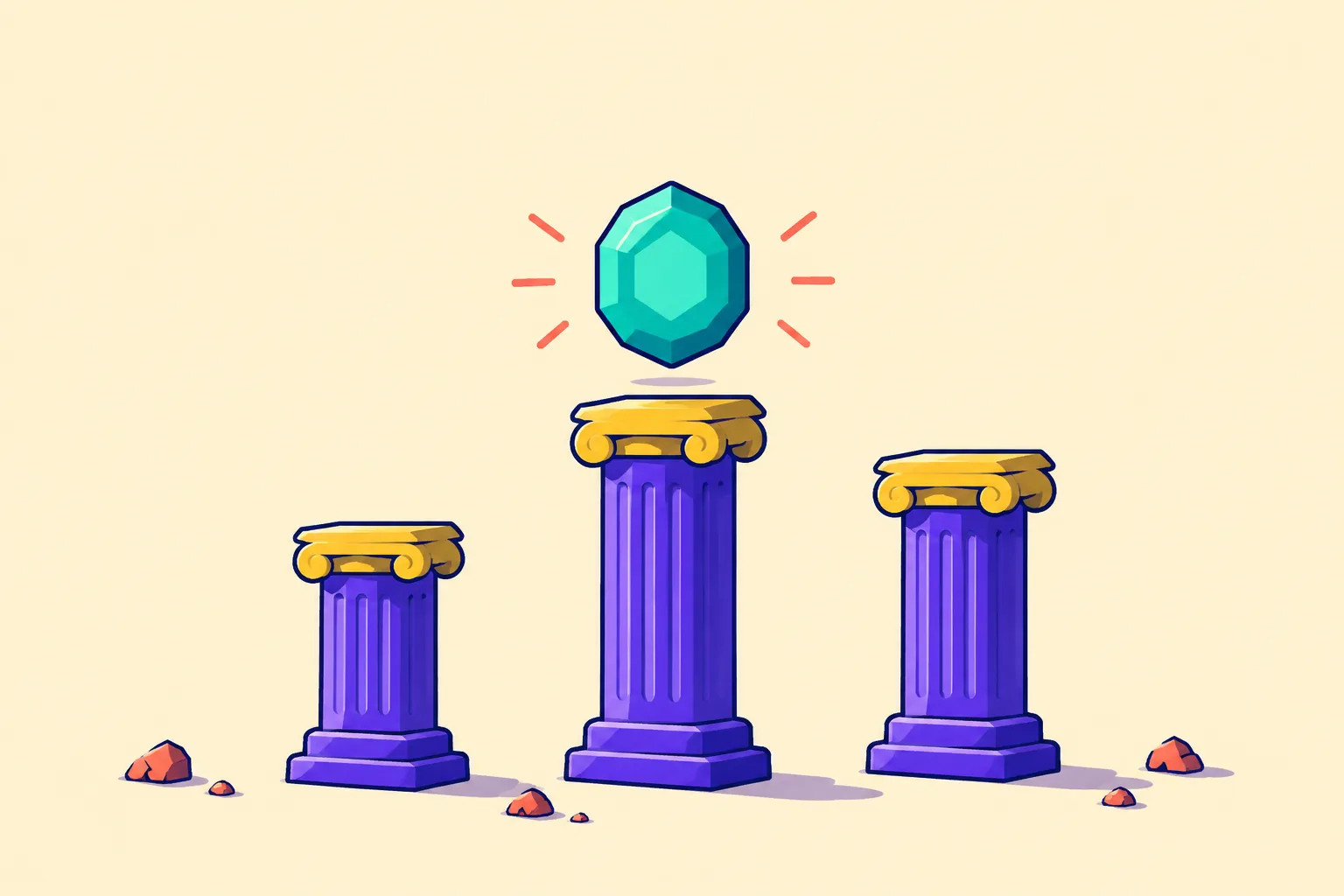 Illustration of three pillars of different heights supporting a floating gem token