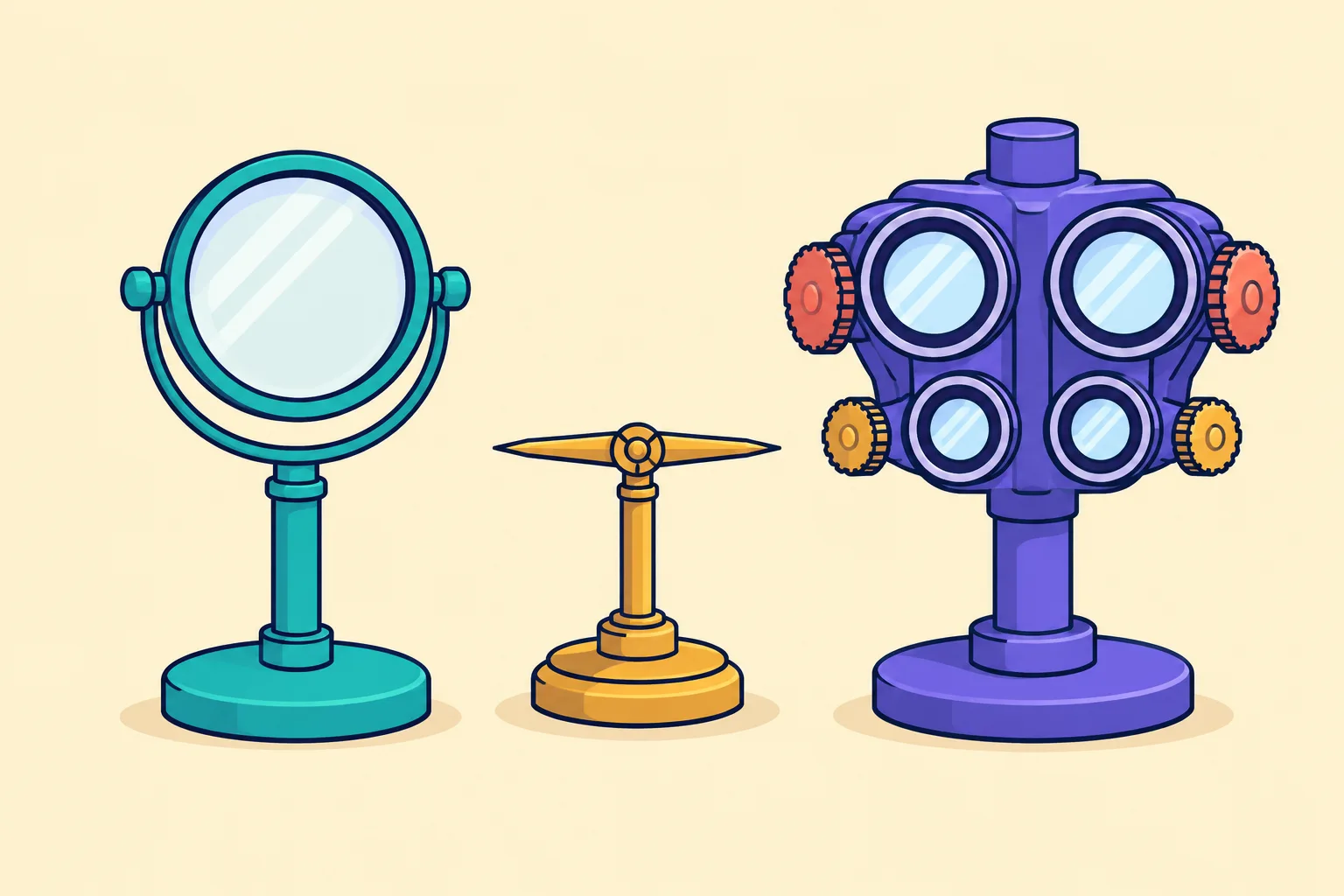 Illustration comparing a simple teal lens tool with a feature-rich violet multi-dial instrument on display stands