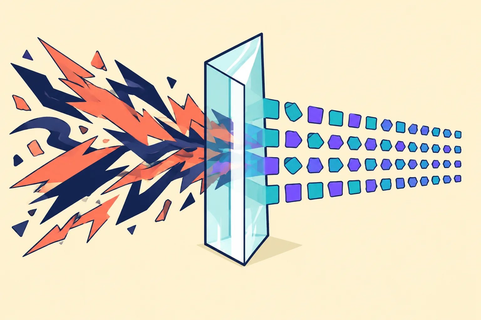 Chaotic abstract shapes passing through a prism and resolving into orderly rows of geometric tiles