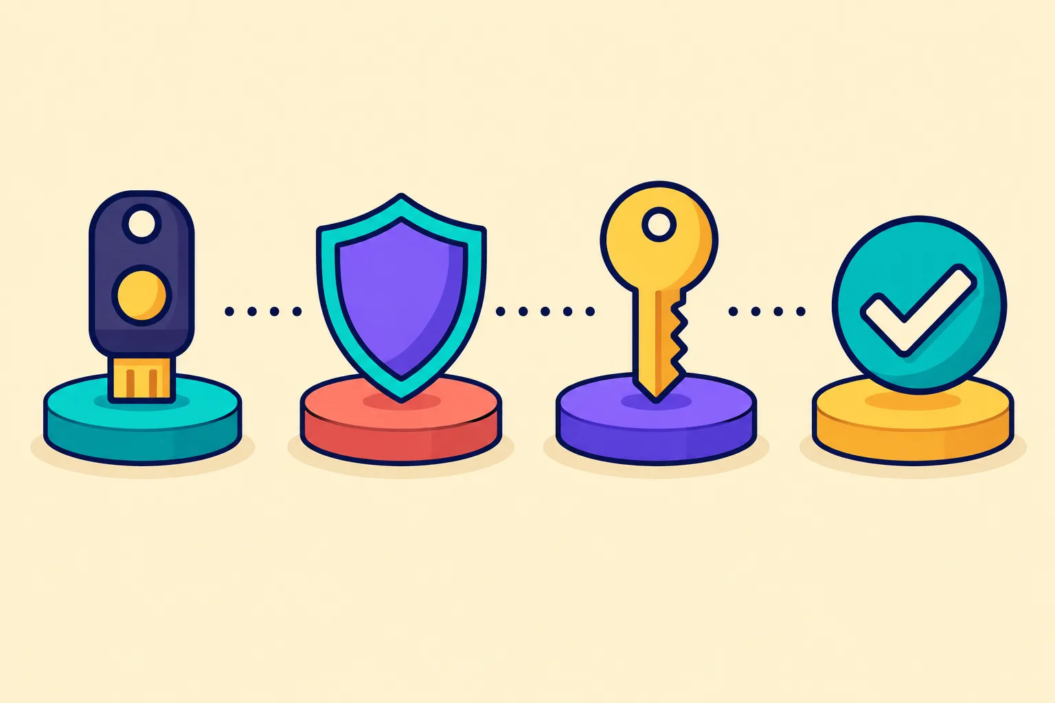 Four-step process strip showing a hardware key fob, a shield, a key and a checkmark in sequence