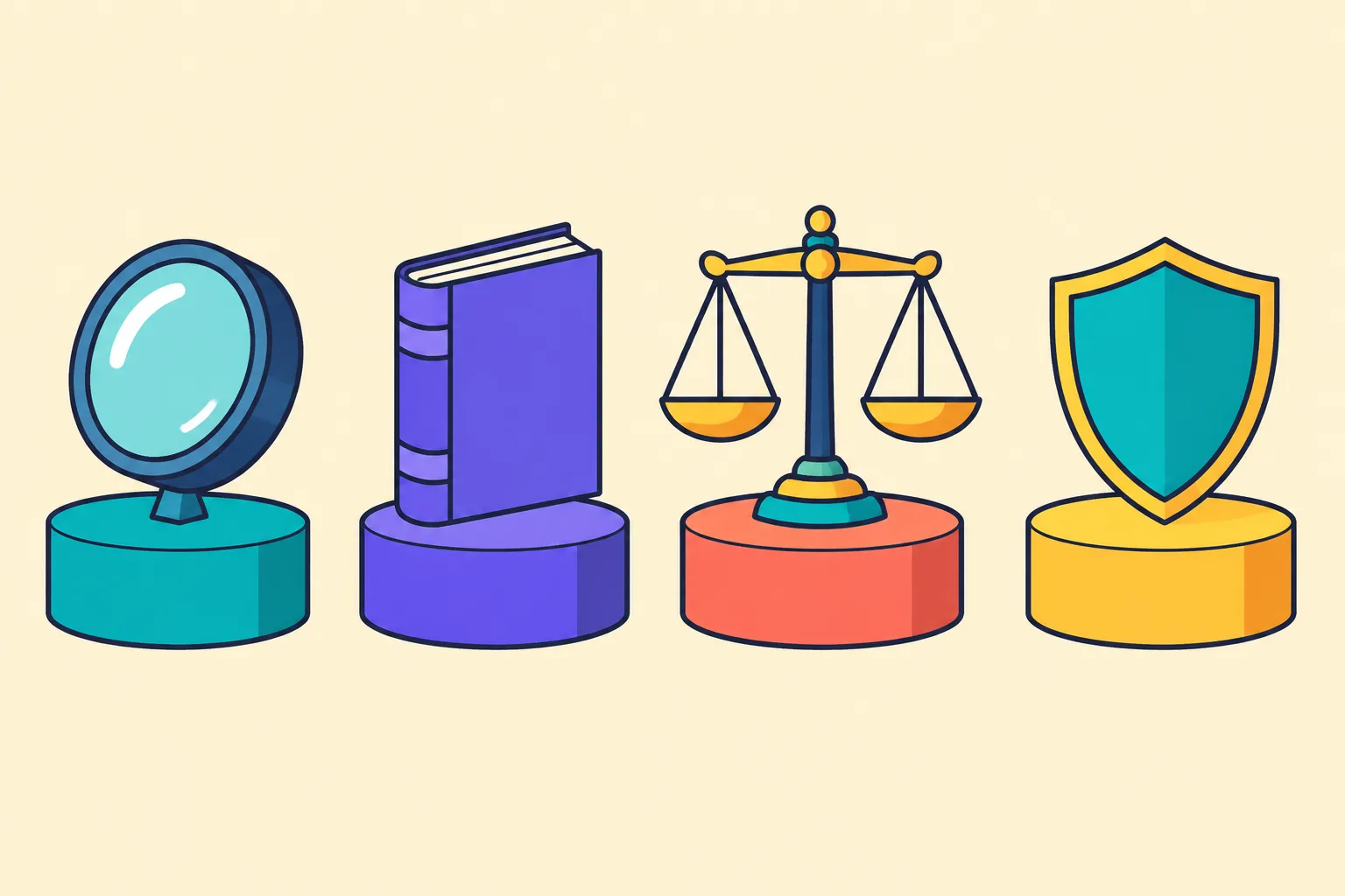 Four pedestals showing a lens, a ledger, a balance scale and a shield
