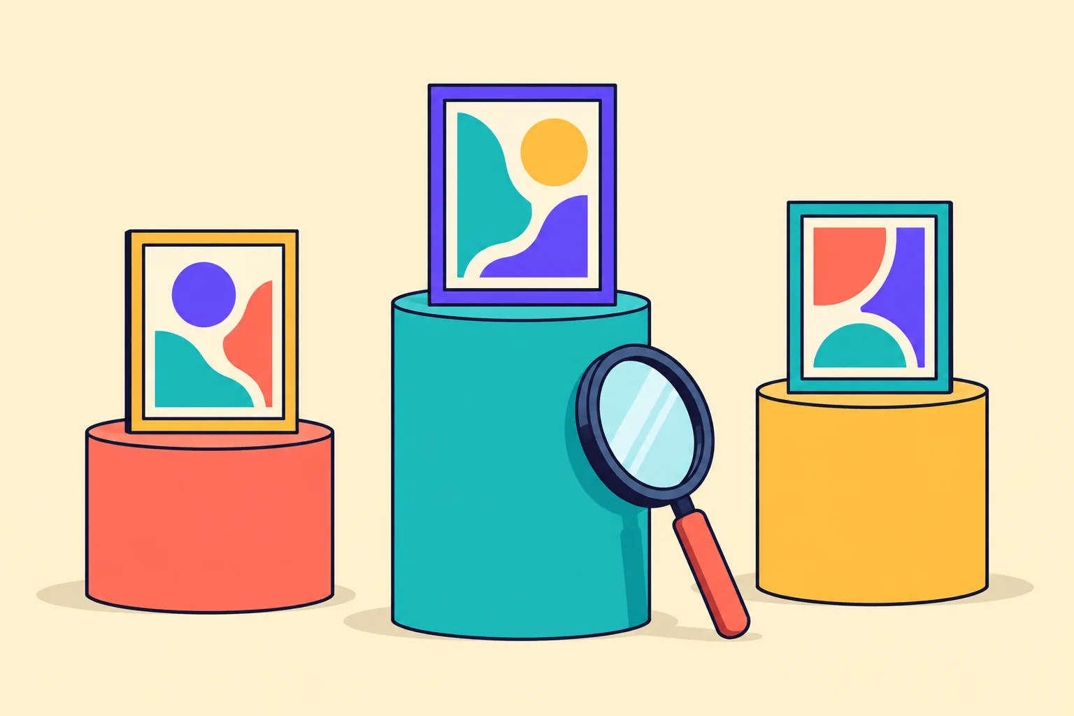 Three abstract artworks on podiums of different heights with a large loupe leaning nearby