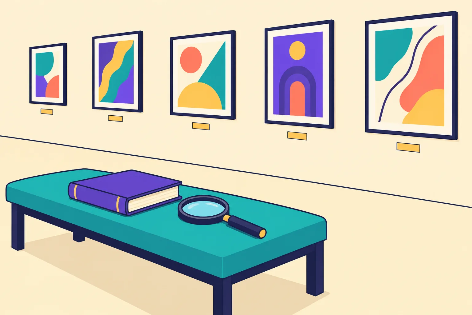 A gallery wall of framed abstract artworks with a ledger book and magnifying glass on a bench