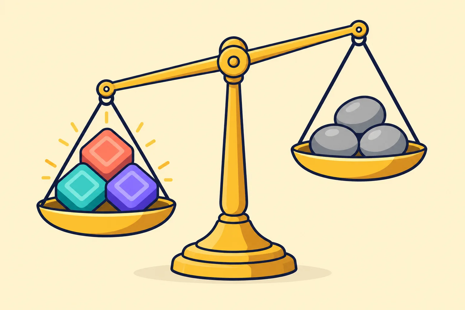 A balance scale weighing glowing ledger tiles against plain pebbles