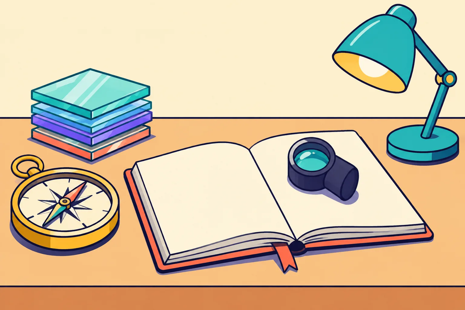 A tidy researcher desk with a compass, loupe, blank journal and lamp