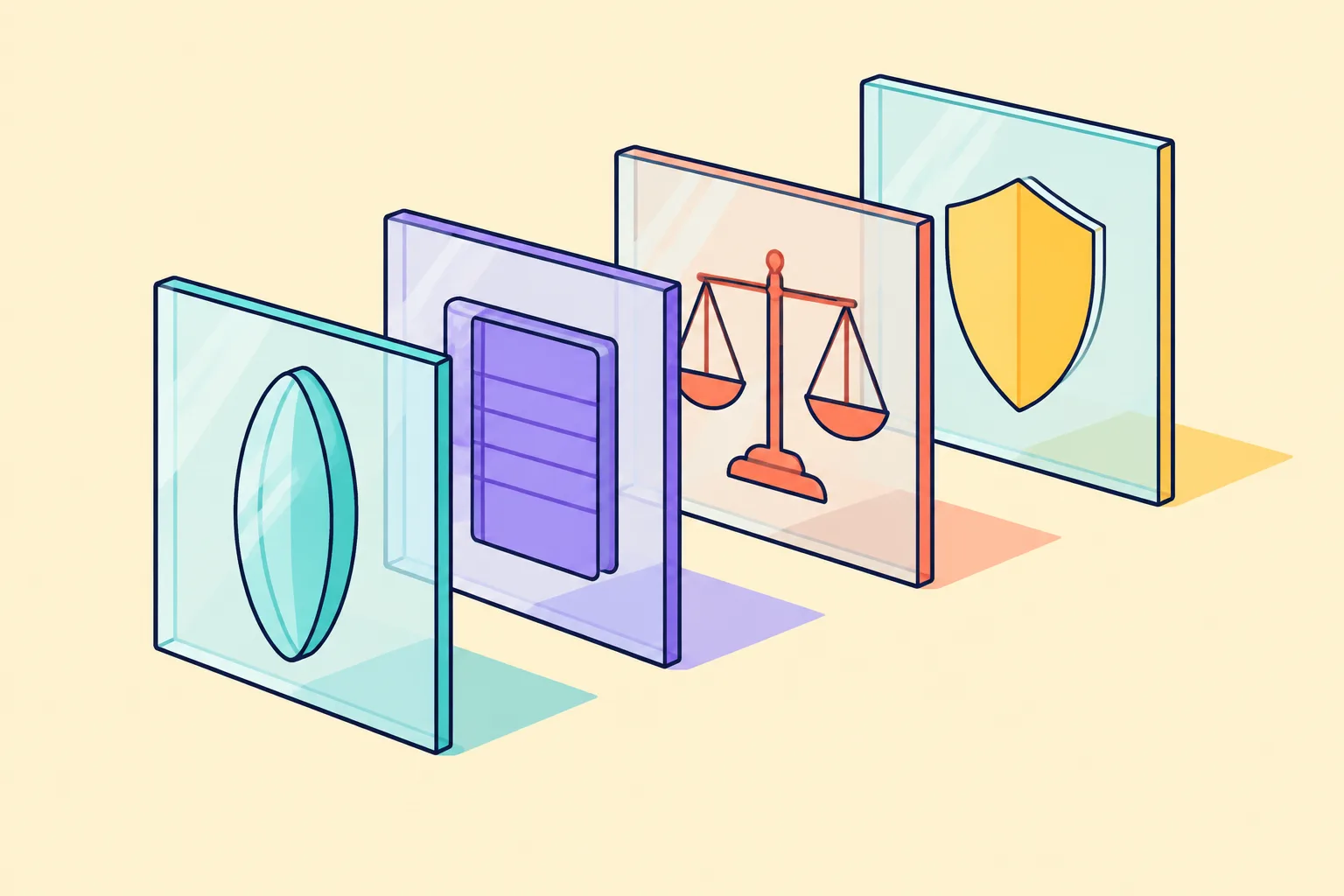 Translucent panels at staggered depths etched with a lens, a ledger, a scale and a shield