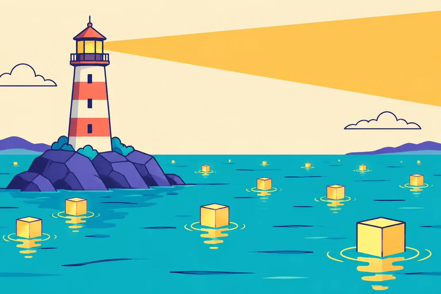 A lighthouse beam sweeping a calm sea dotted with glowing cubes