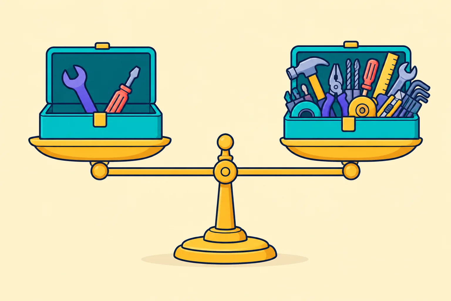 A balance scale weighing a minimal toolbox against a laden one