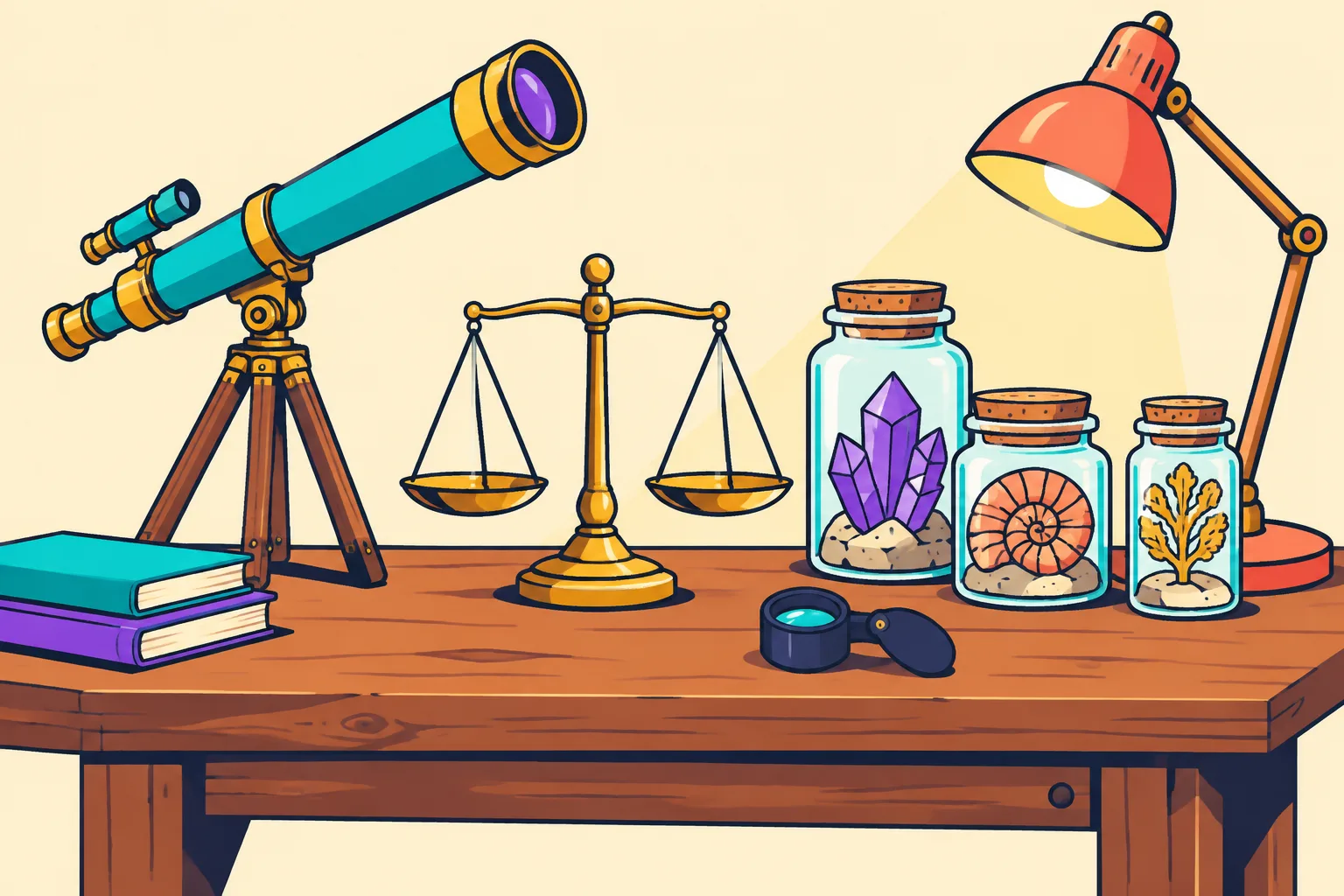 A collector's workbench with telescope, brass scale, jars and loupe