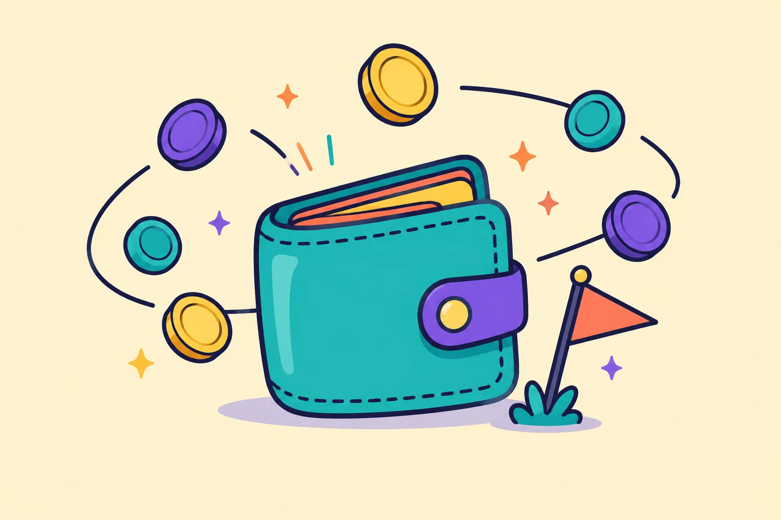 A rounded wallet with orbiting tokens and a small pennant flag beside it