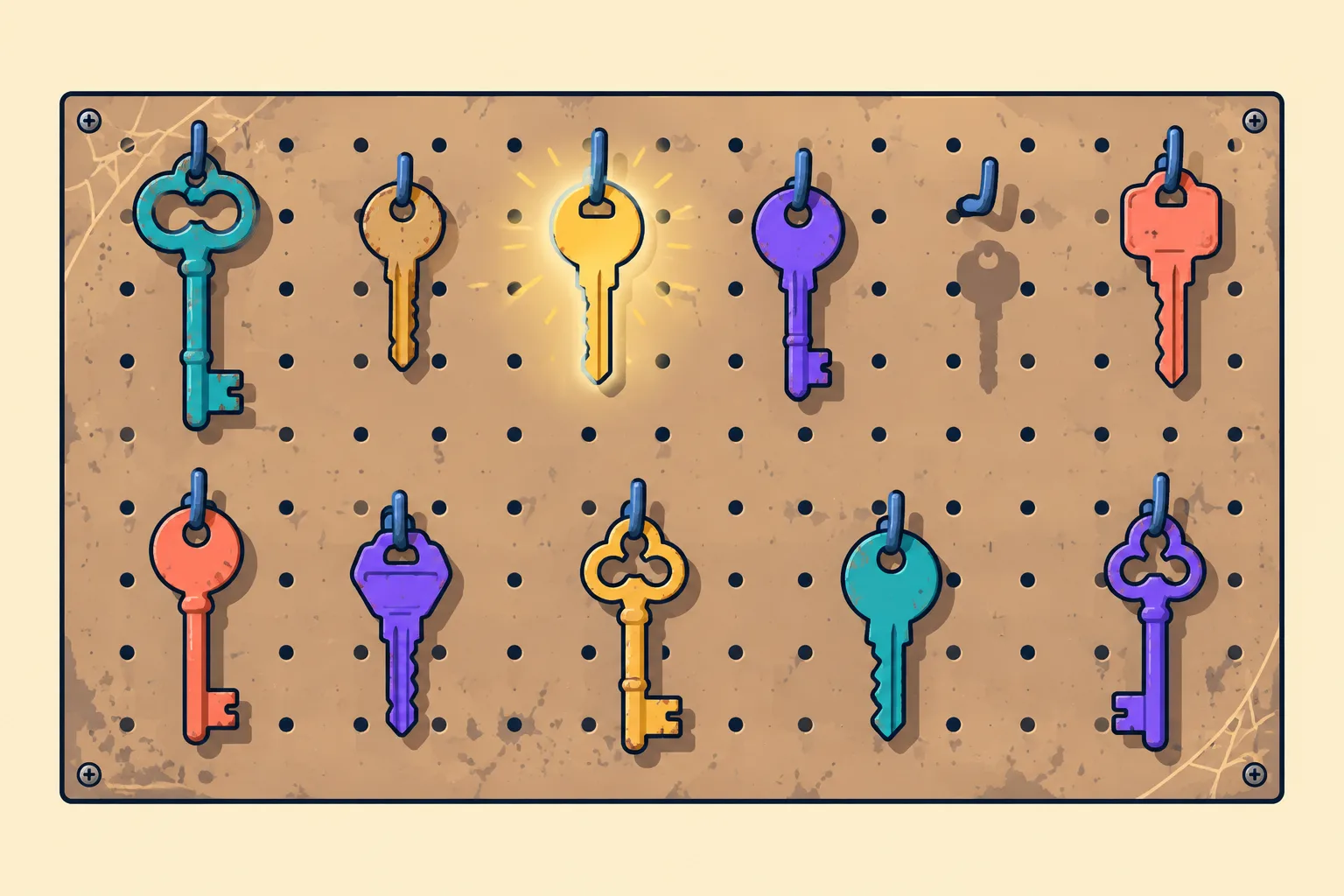 A dusty pegboard of old keys with one empty hook and one faintly glowing key