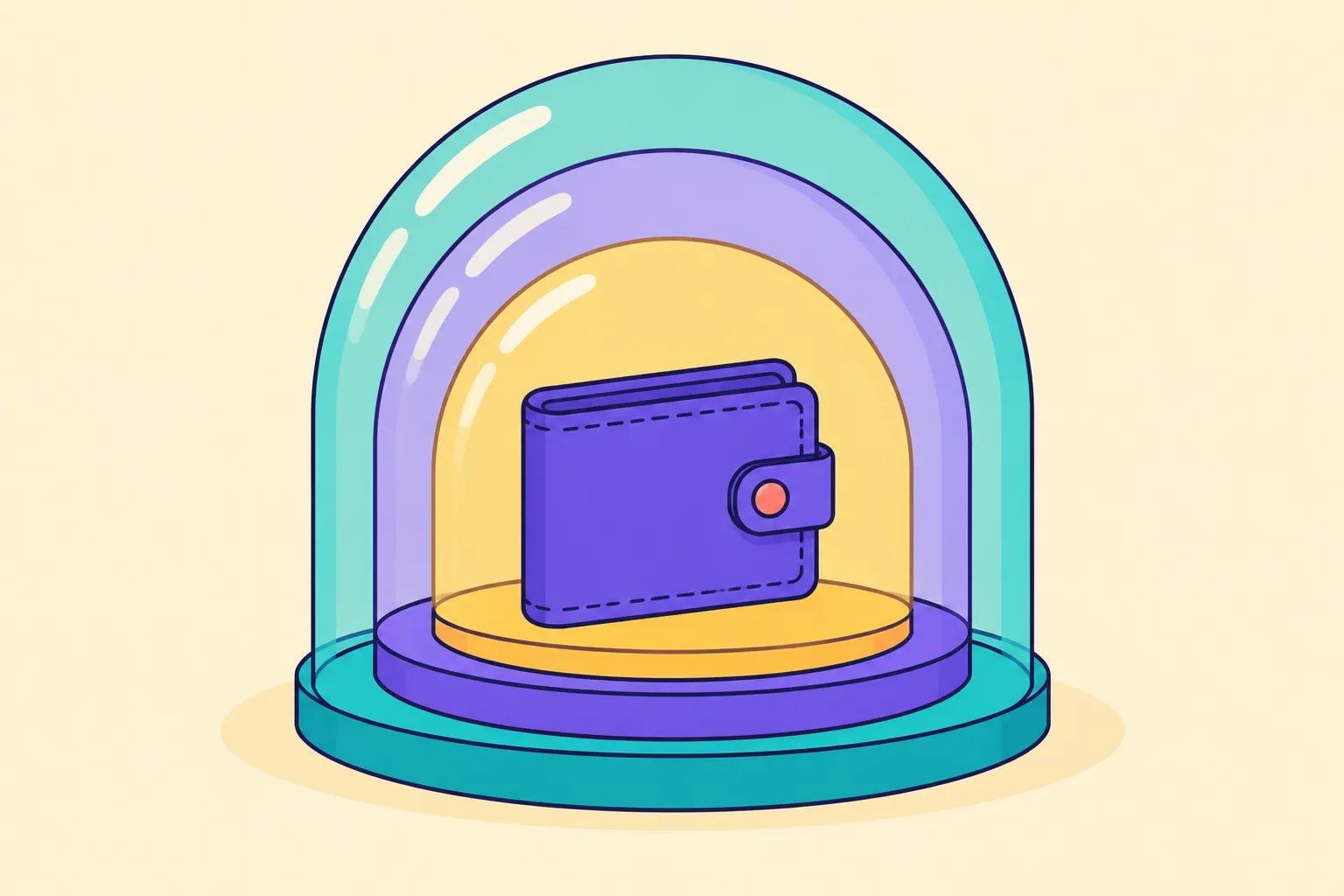 A wallet protected inside three nested translucent dome shields