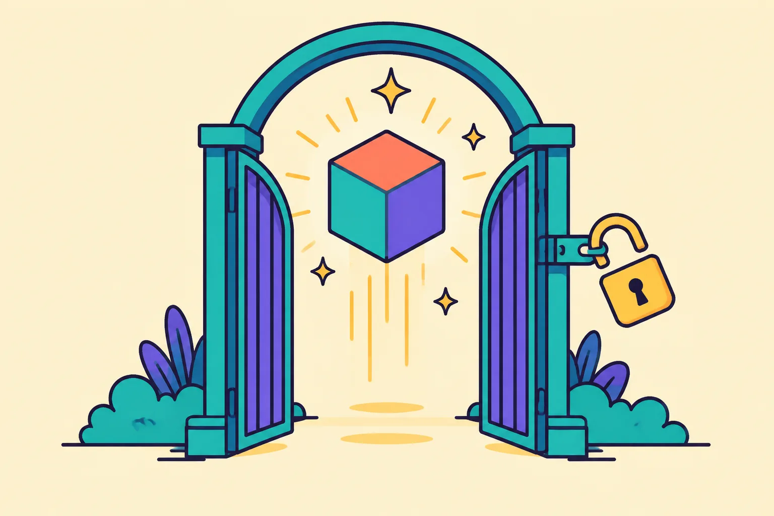 A glowing cube floating out through an unlocked gate with an open padlock