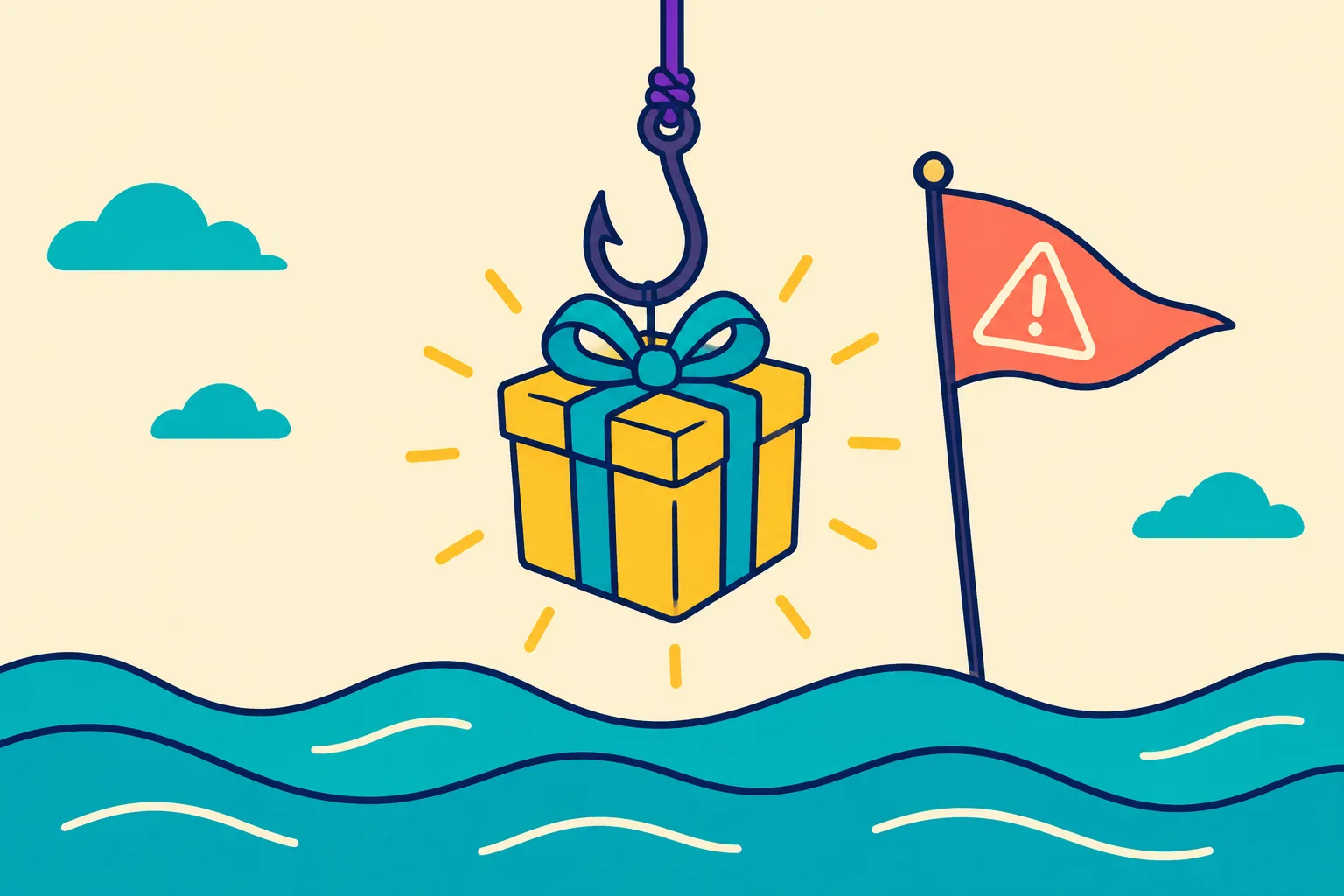 A glowing gift box dangling from a large fishing hook above flat stylised water