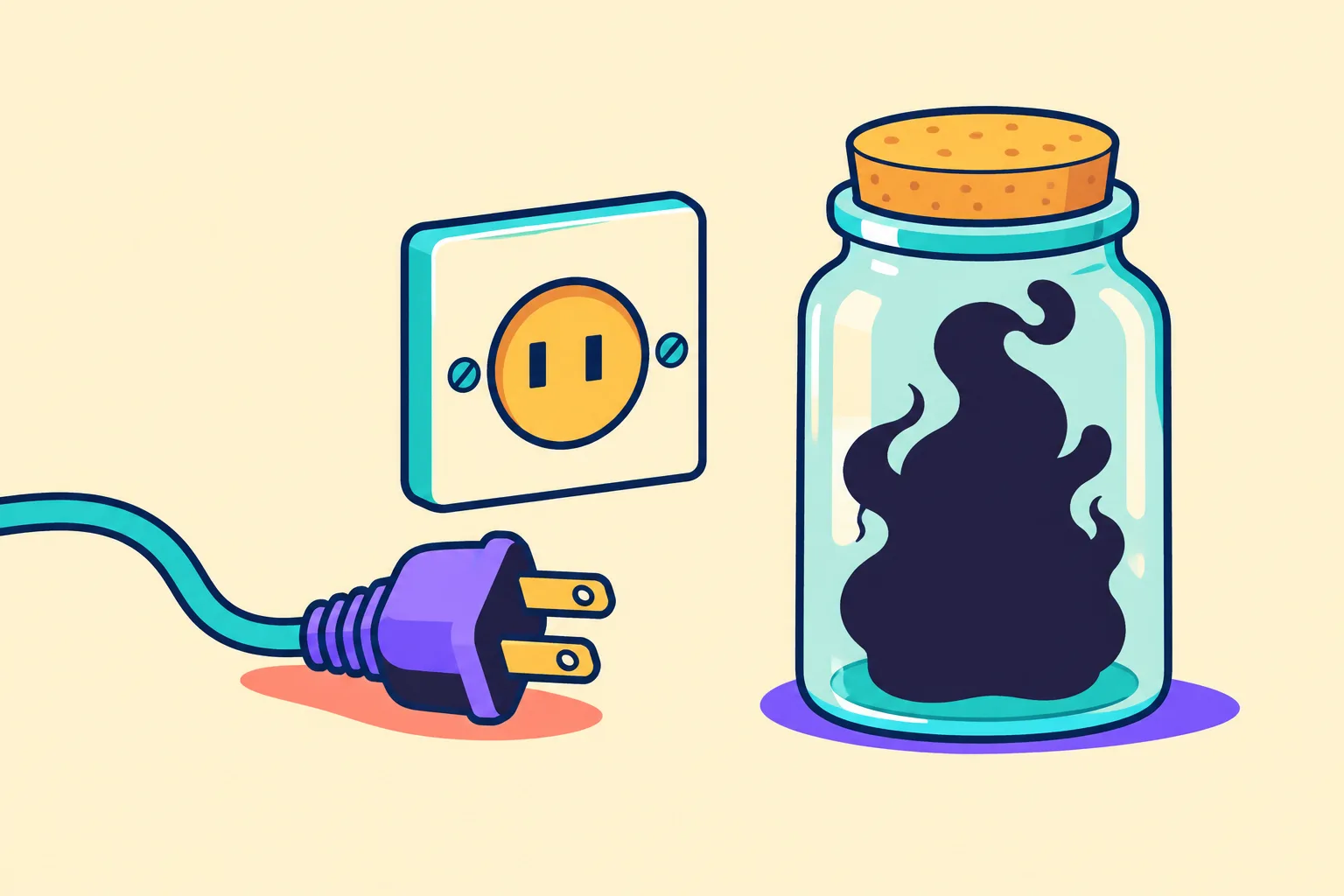 A disconnected plug beside a dark shape sealed inside a glass jar