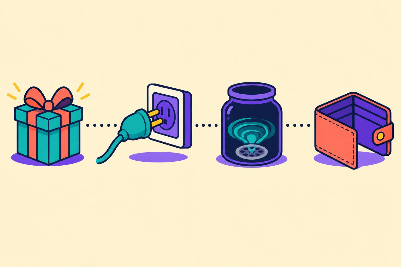 A dotted path linking a gift lure, a plug, a drain jar and an empty wallet