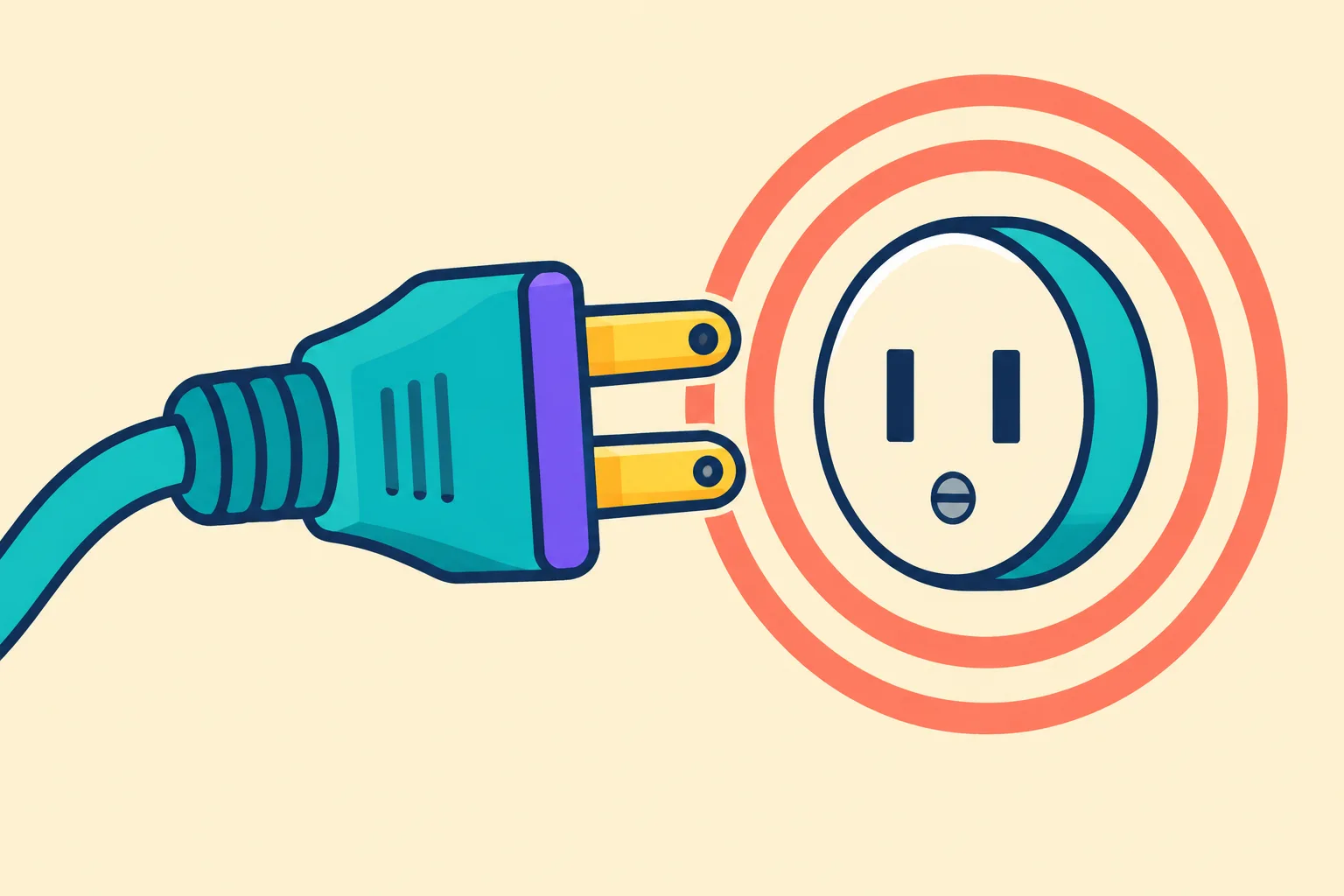 A plug approaching a socket ringed by concentric warning circles