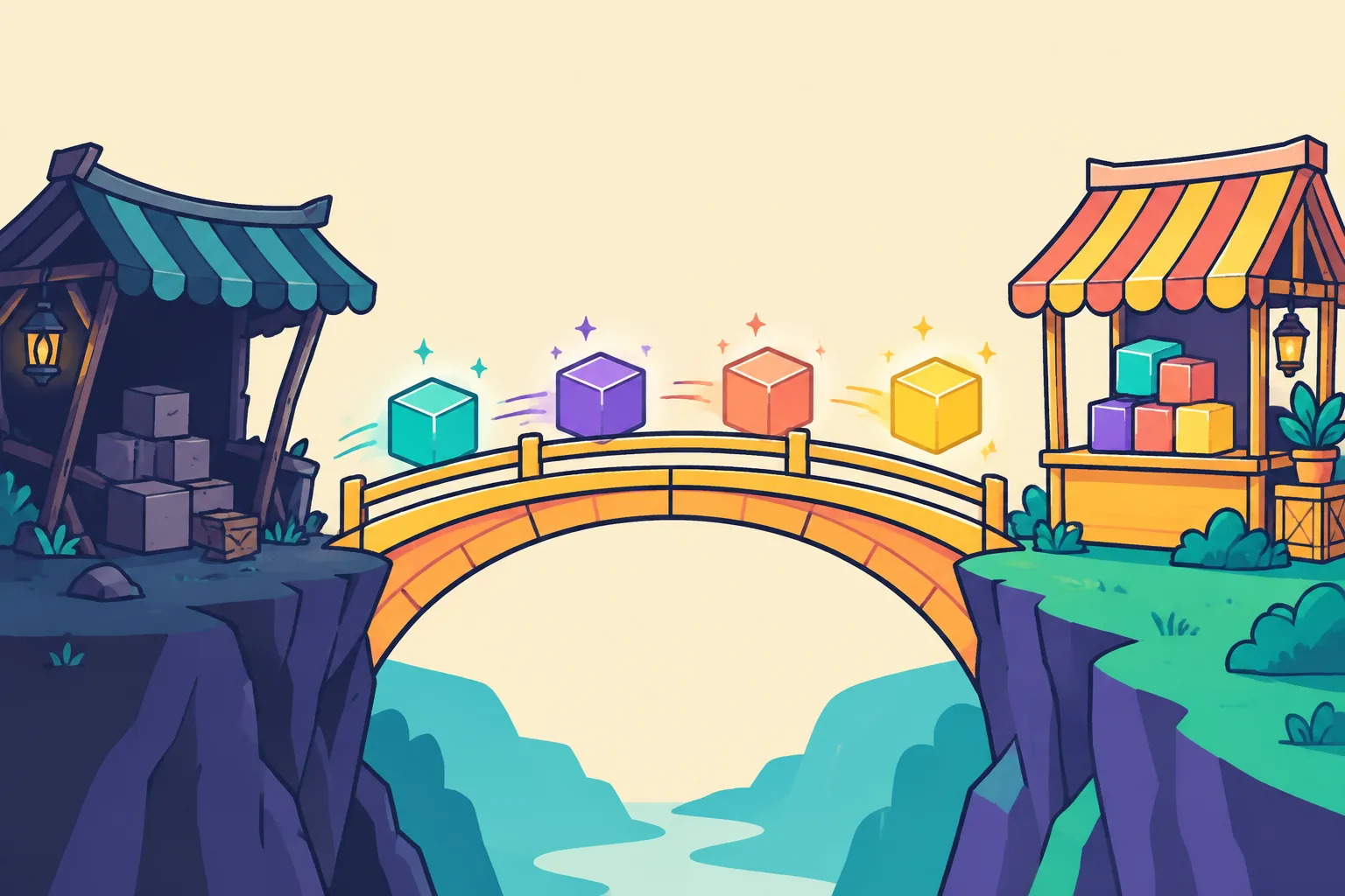Asset cubes crossing a bright bridge from a dim stall to a bright one