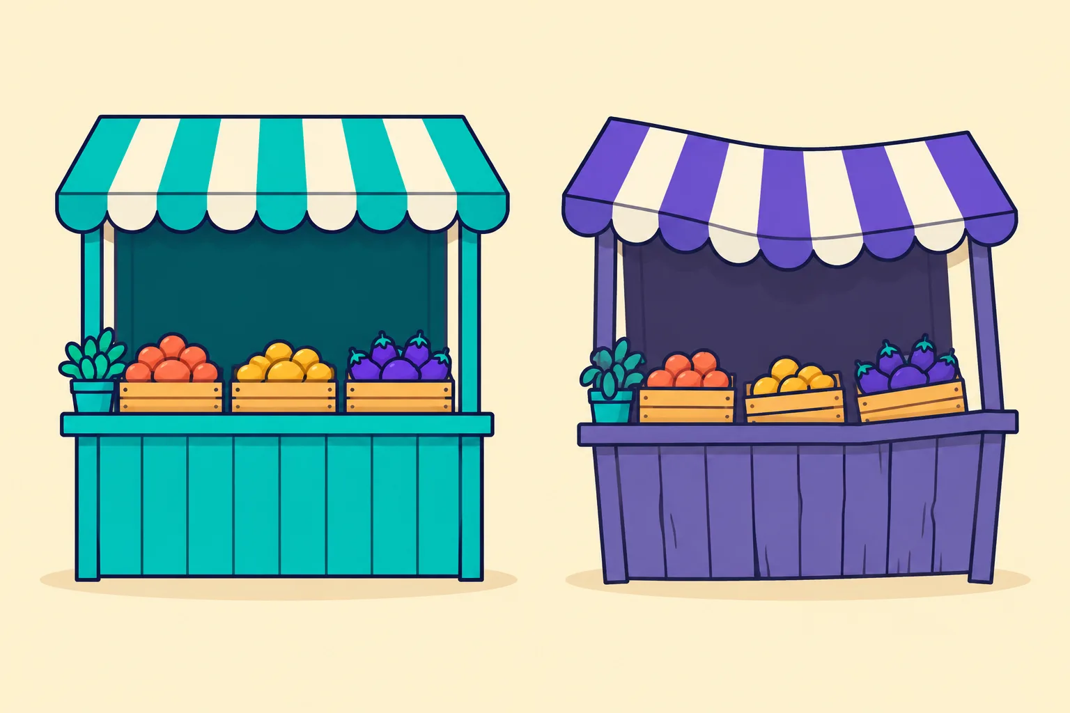 Two near-identical market stalls, one straight and bright and one subtly crooked